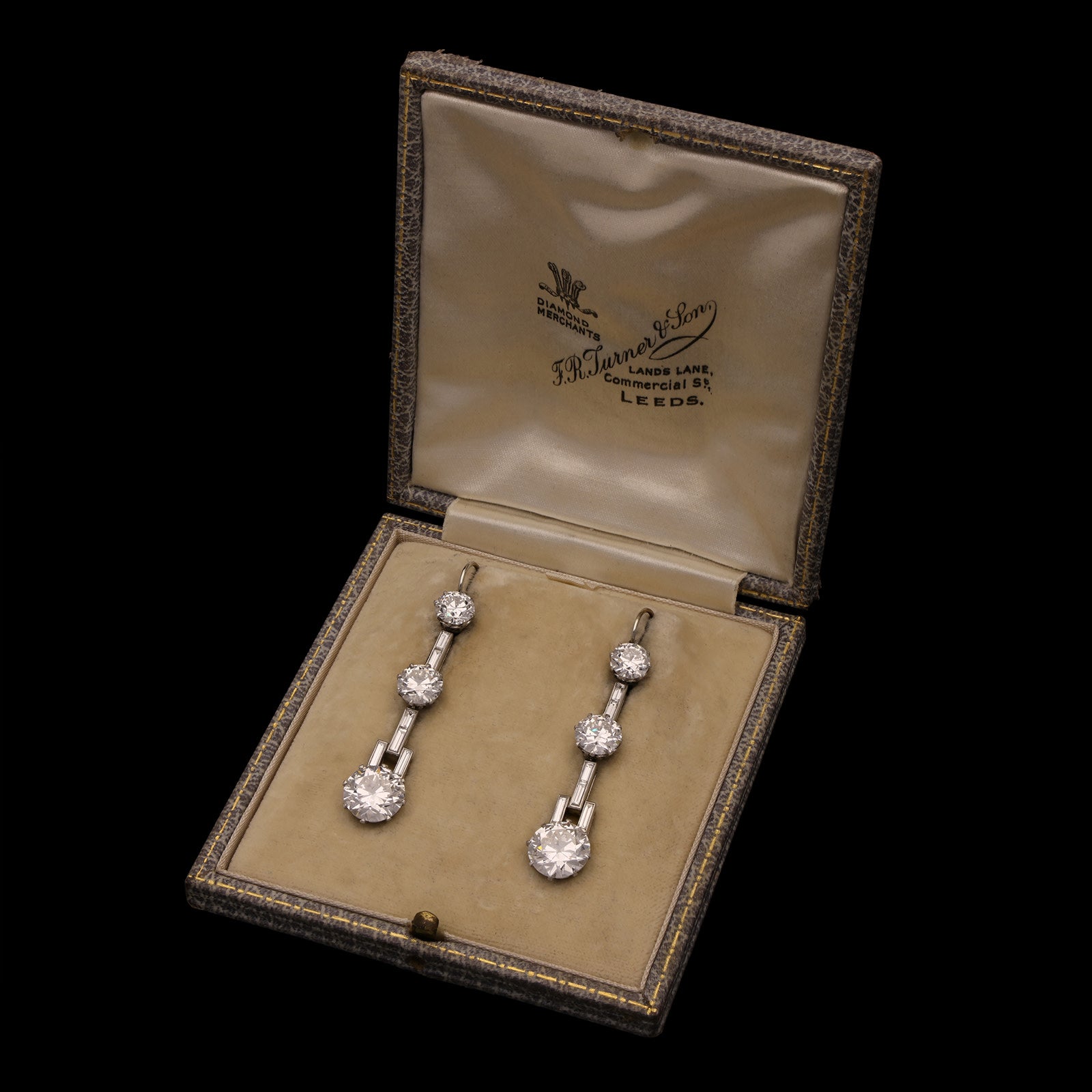 Art Deco Platinum Diamond Drop Earrings front view in jewelry box