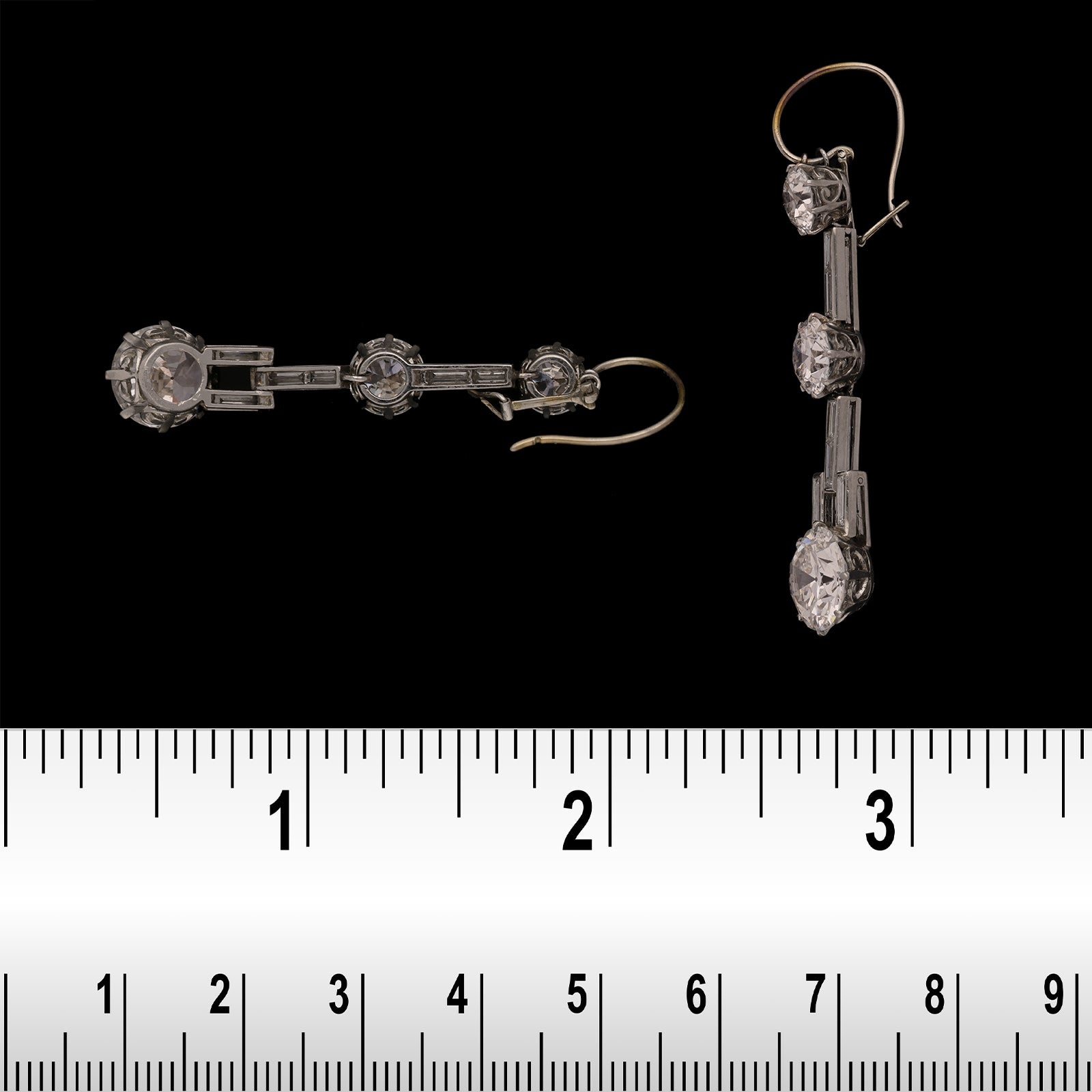 Art Deco Platinum Diamond Drop Earrings back and side view with ruler