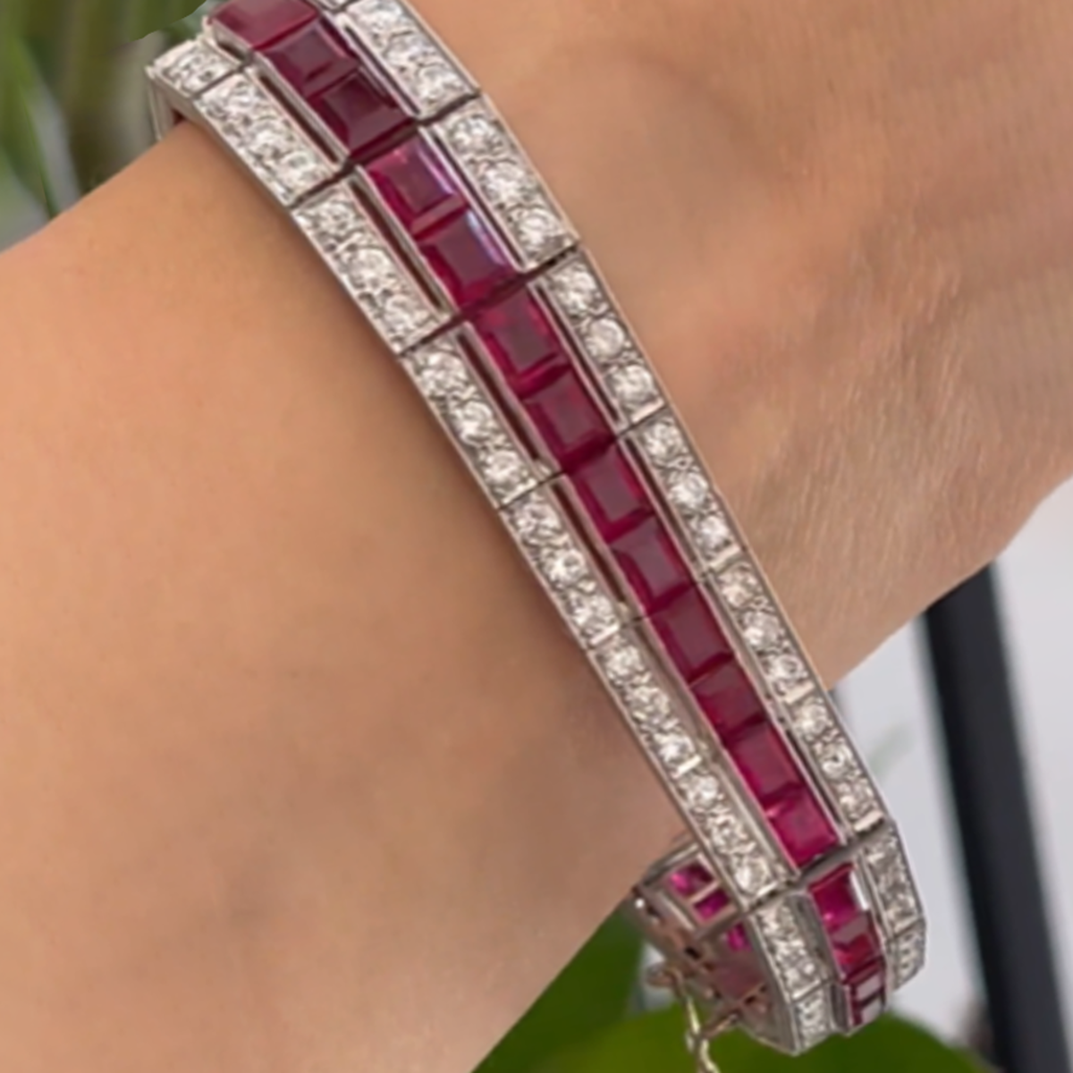 French 1950s Platinum Ruby & Diamond Bracelet close-up on wrist
