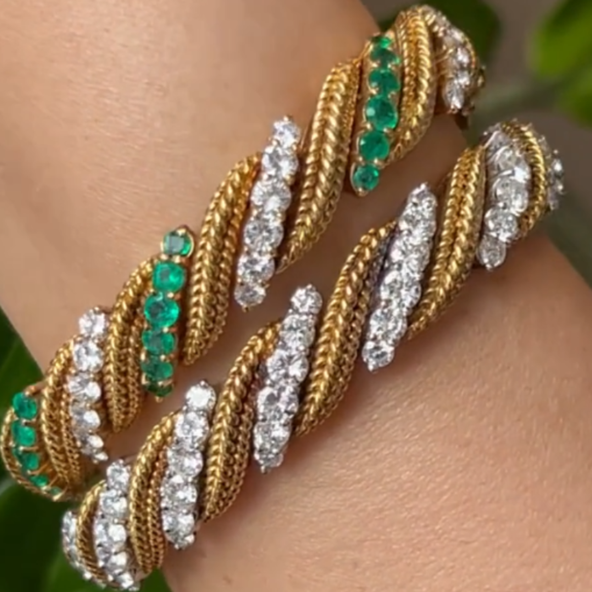 Post-1980s 18KT Yellow Gold & Platinum Diamond & Emerald Bracelets worn on wrist