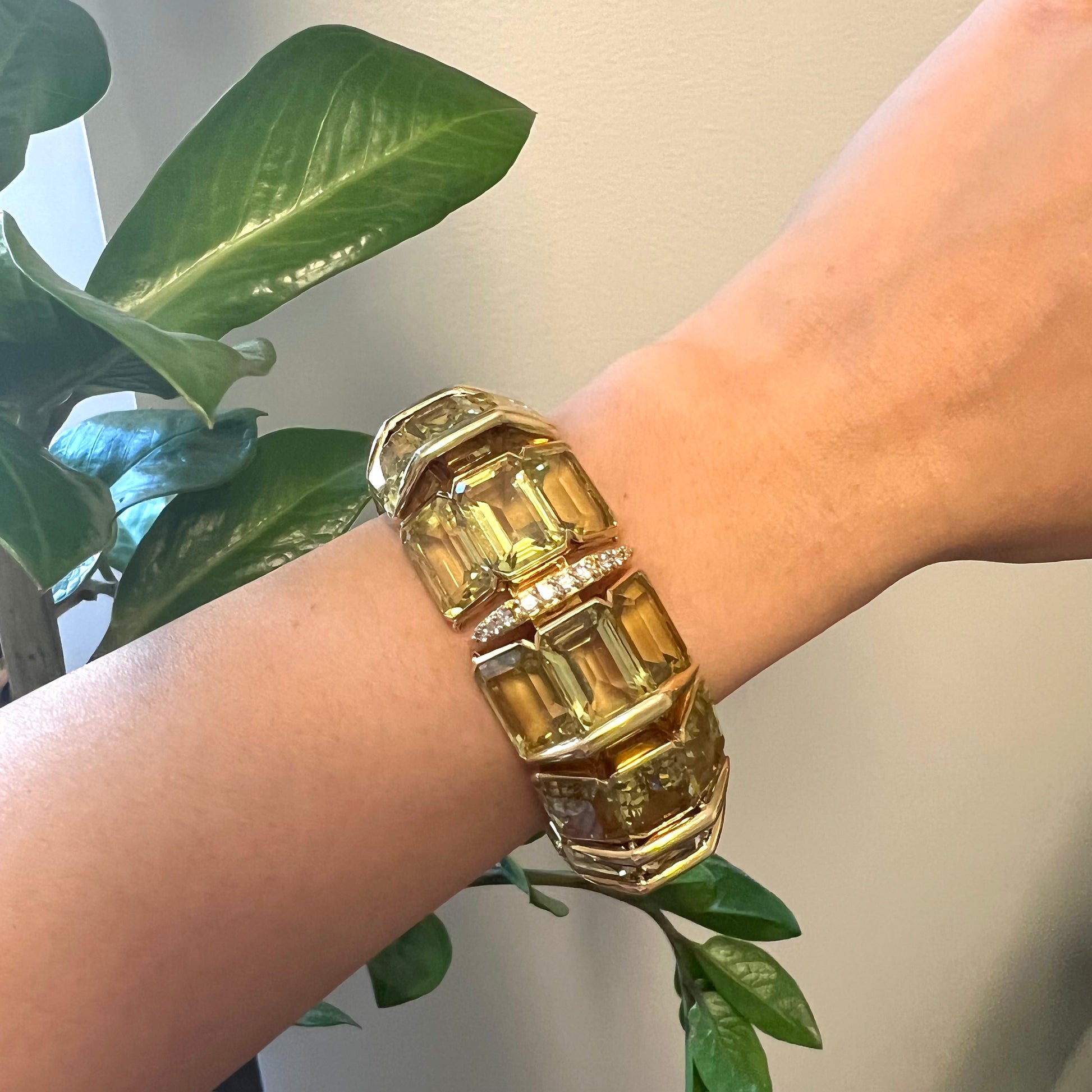 Post-1980s 18KT Yellow Gold Lemon Citrine & Diamond Bracelet worn on wrist
