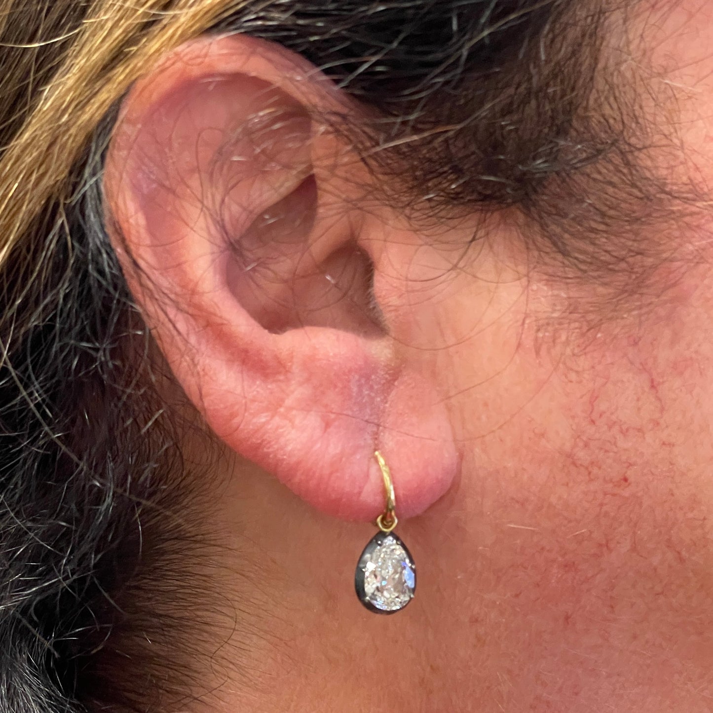 Post-1980s 18KT Blackened Gold Diamond Drop Earrings worn on ear
