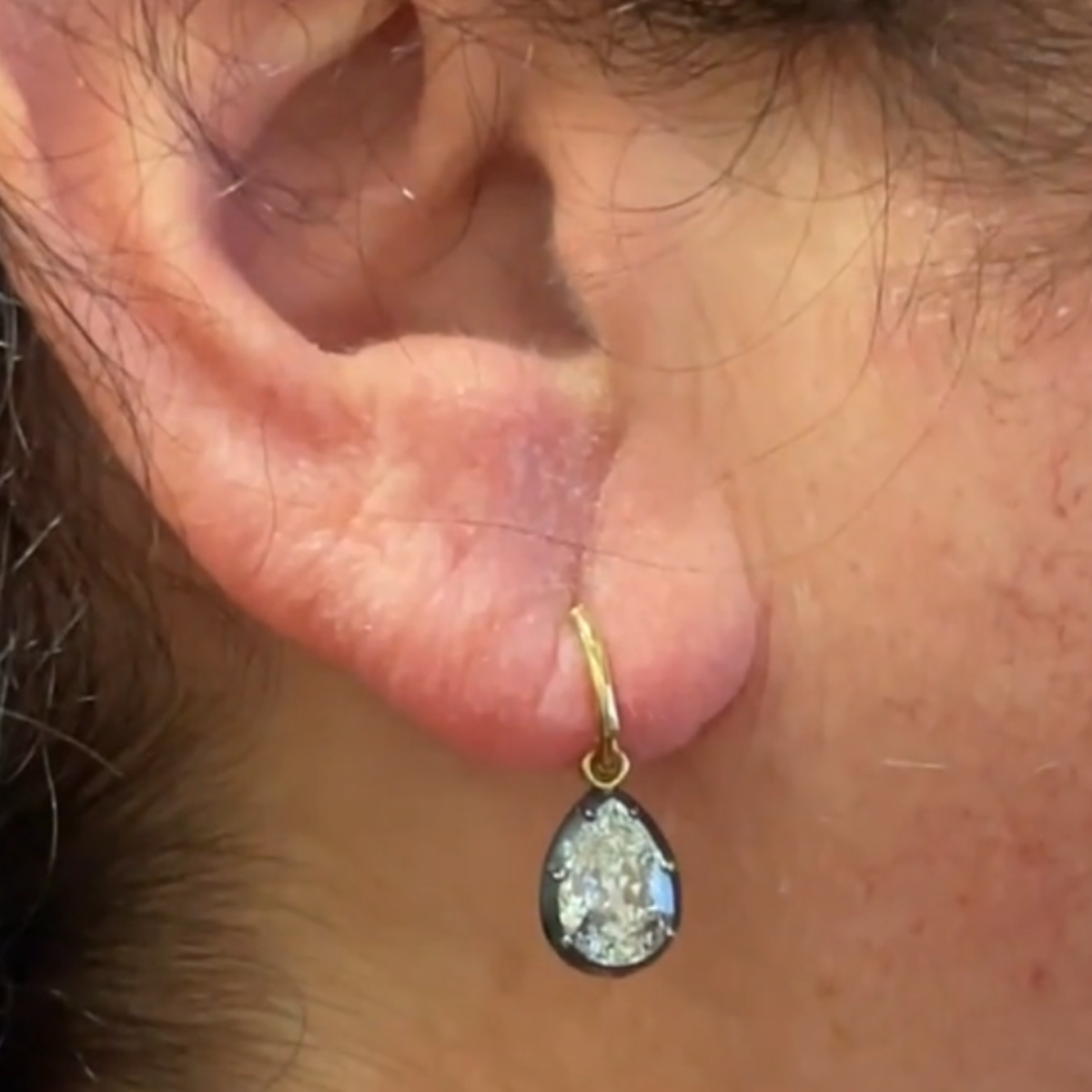 Post-1980s 18KT Blackened Gold Diamond Drop Earrings worn on ear