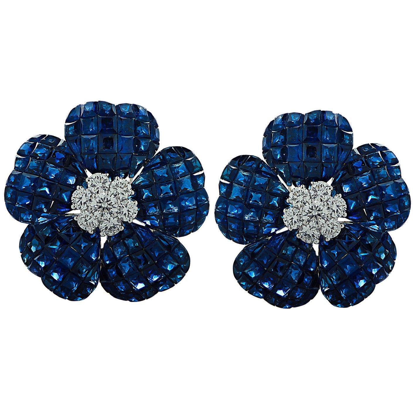 Post-1980s 18KT White Gold Blue Sapphire & Diamond Flower Earrings front view
