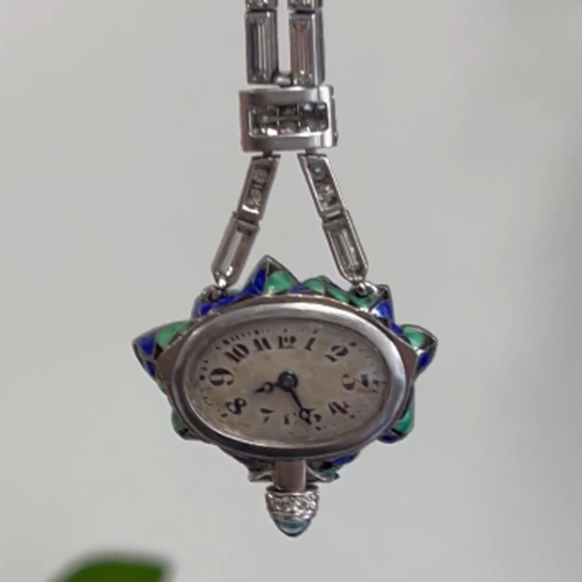 Mauboussin Art Deco Platinum Diamond & Enamel Lapel Watch Brooch close-up details of watch face