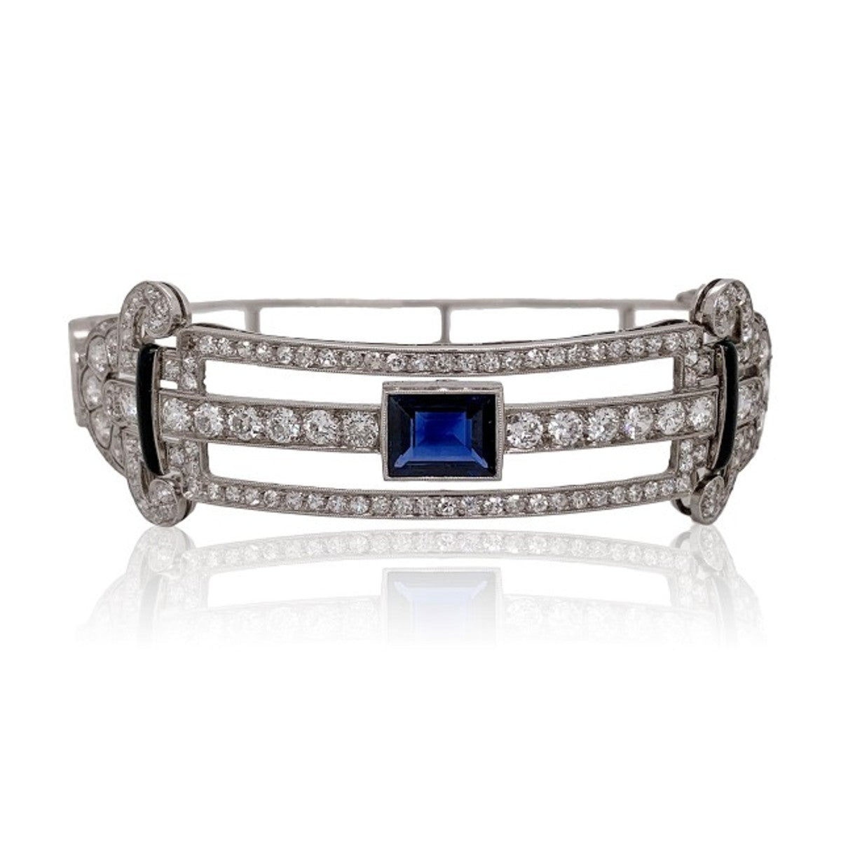 French Art Deco Platinum Sapphire, Diamond & Onyx Bangle Bracelet front view