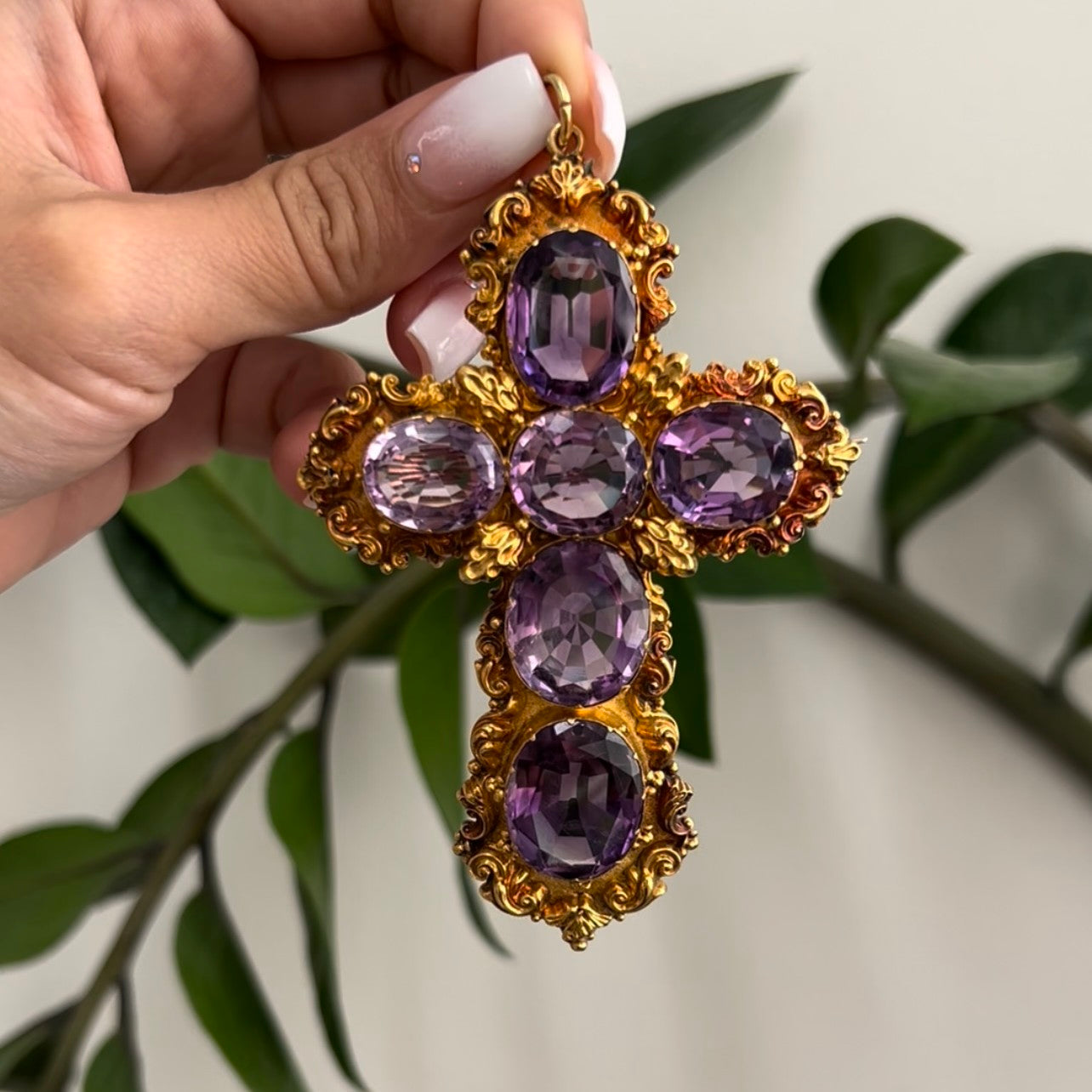 Victorian 15KT Yellow Gold Amethyst Cross Pendant Brooch front view