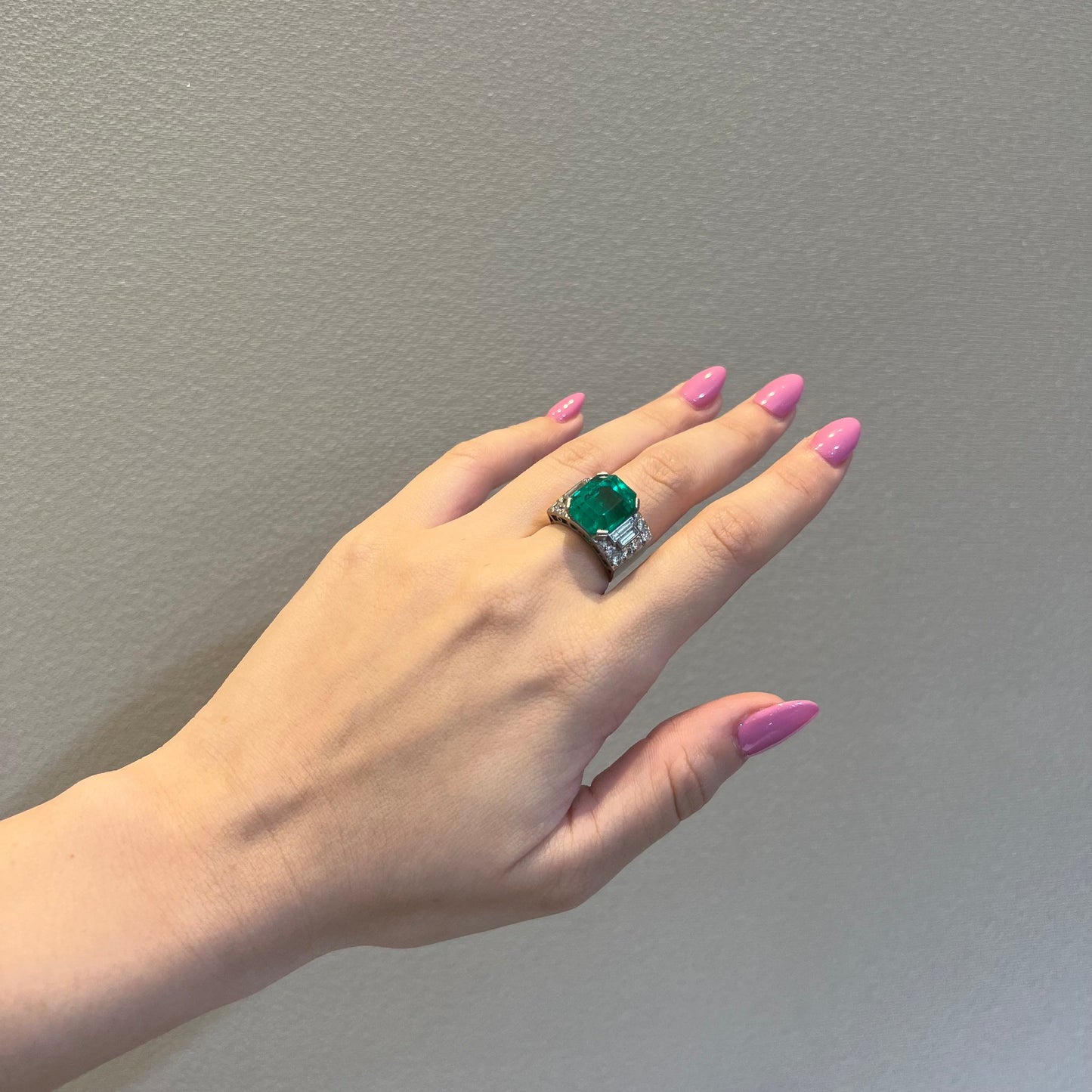 1930s Platinum Emerald & Diamond Ring worn on hand