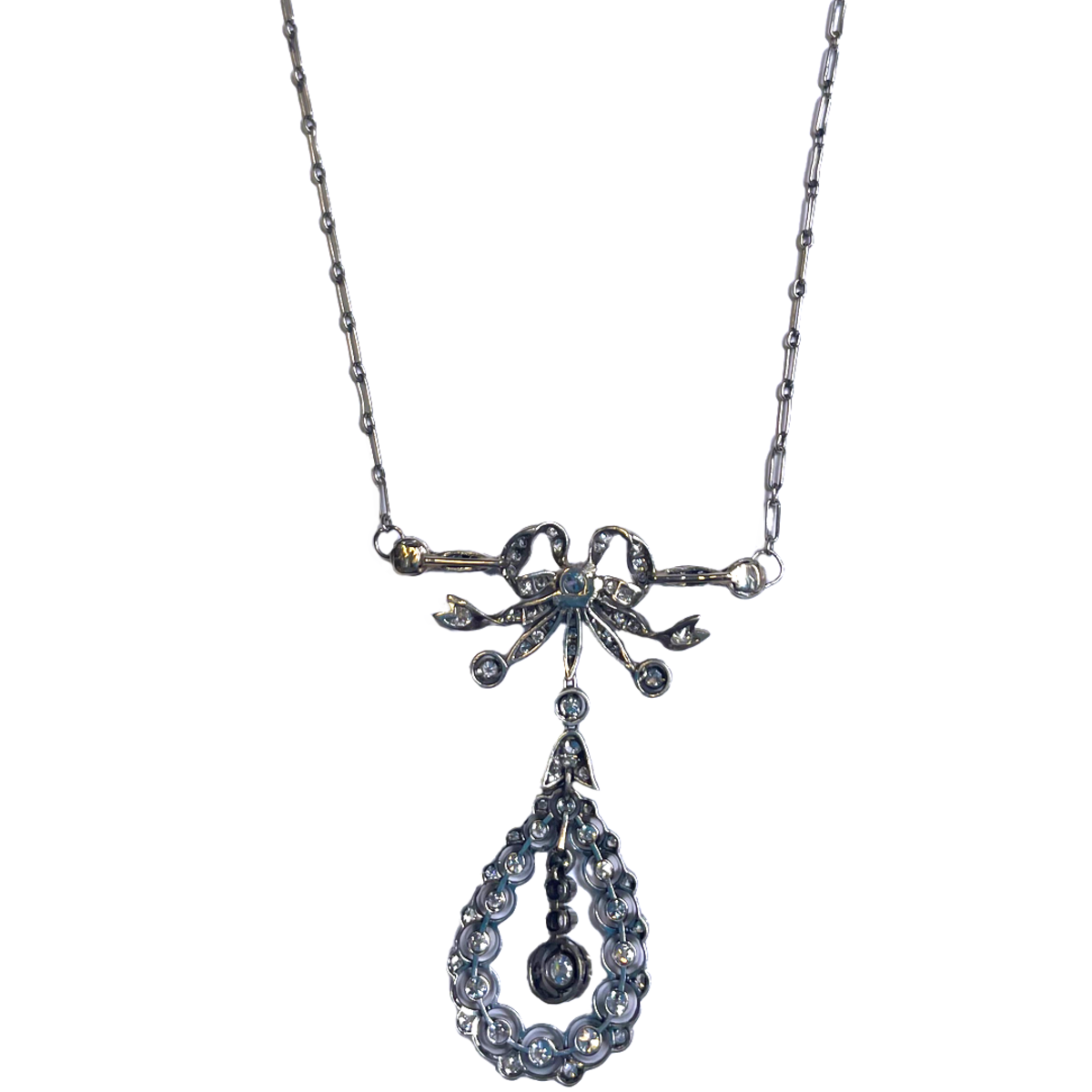 Edwardian Platinum Diamond Filigree Pendant Necklace back view