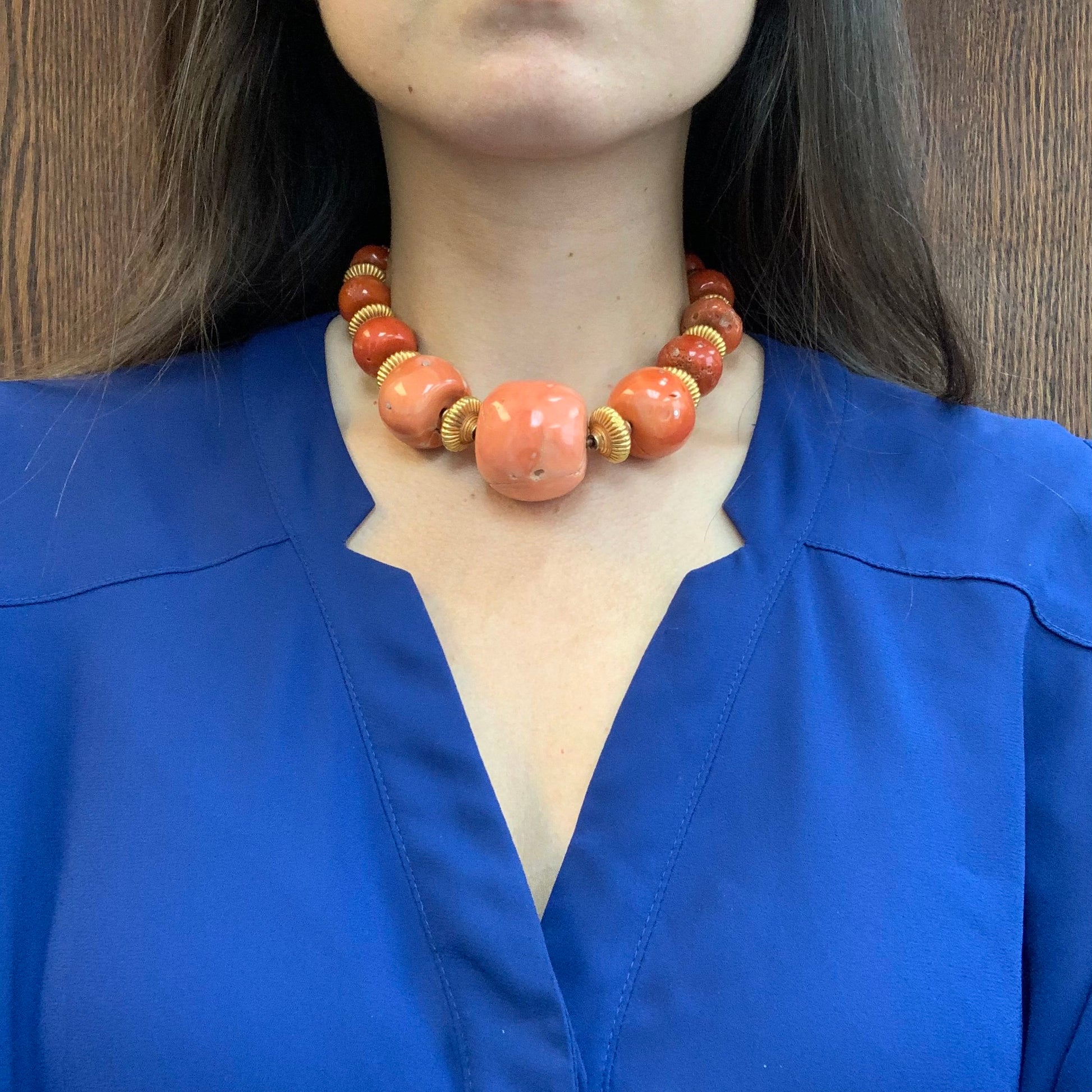 Fulco Di Verdura 1970s 18KT Yellow Gold Coral Necklace worn on neck
