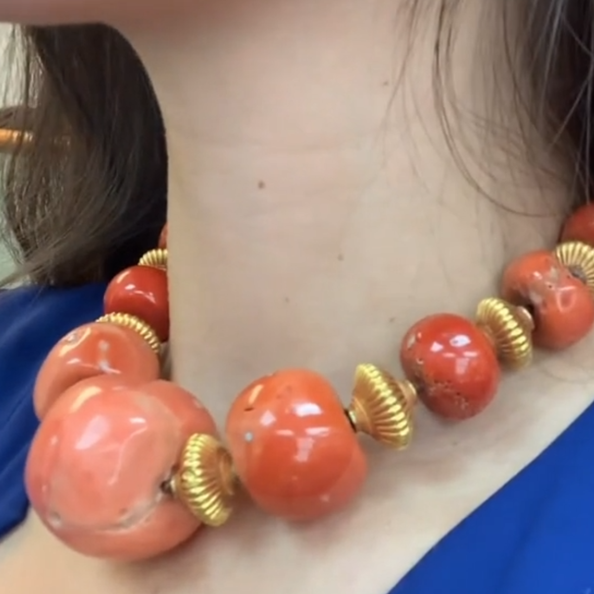 Fulco Di Verdura 1970s 18KT Yellow Gold Coral Necklace worn on neck side view