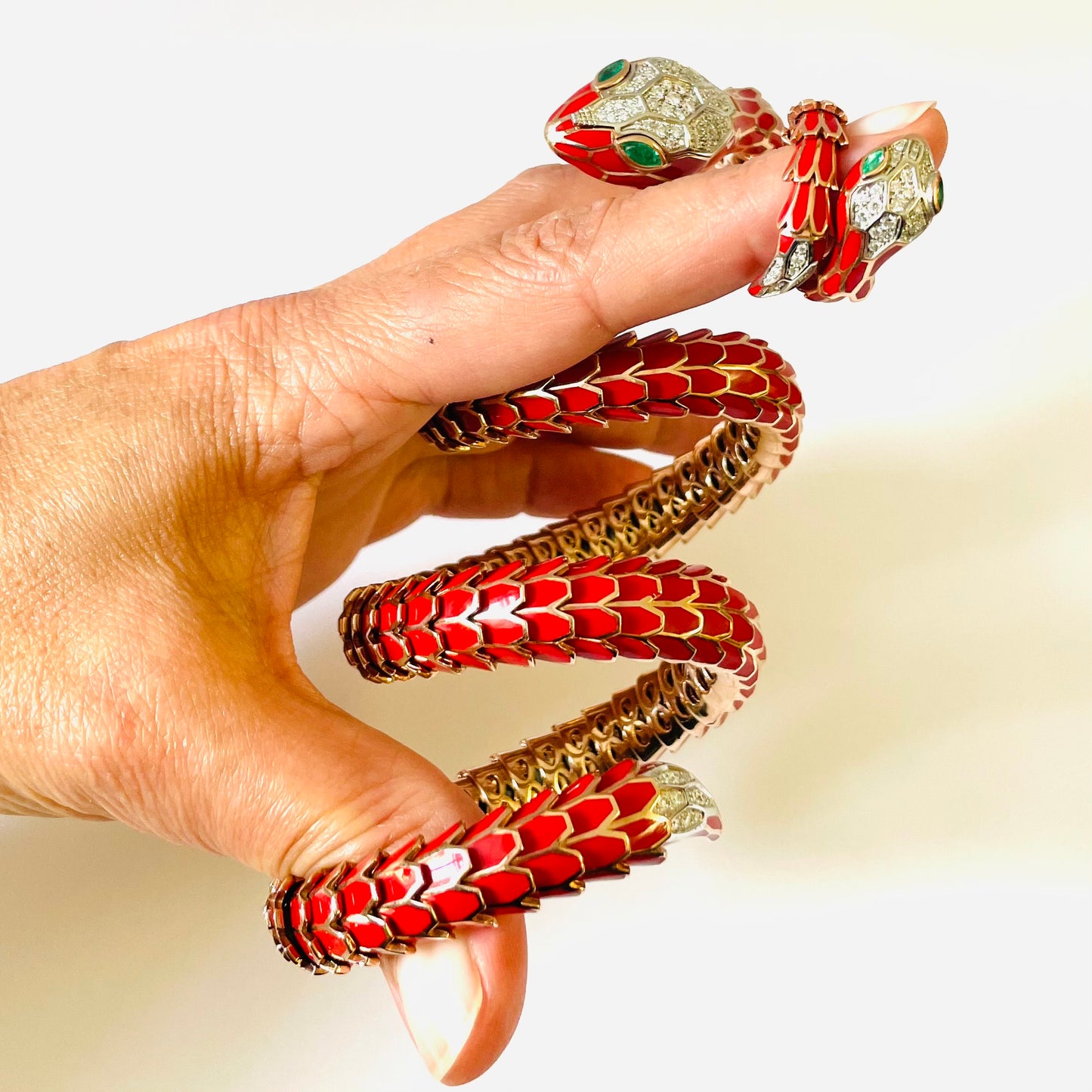 Post-1980s 18KT Rose Gold Enamel, Diamond & Emerald Snake Watch & Ring Set view of bracelet stretched
