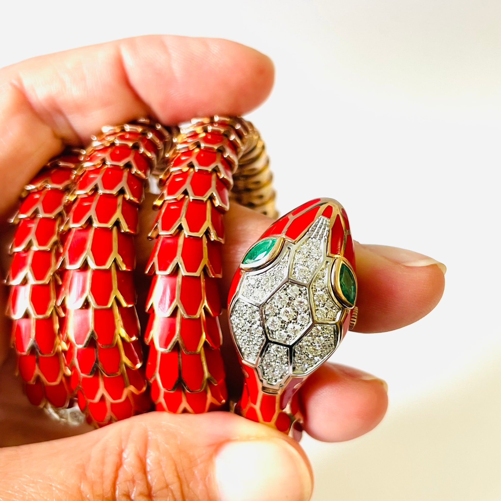 Post-1980s 18KT Rose Gold Enamel, Diamond & Emerald Snake Watch & Ring Set close-up details