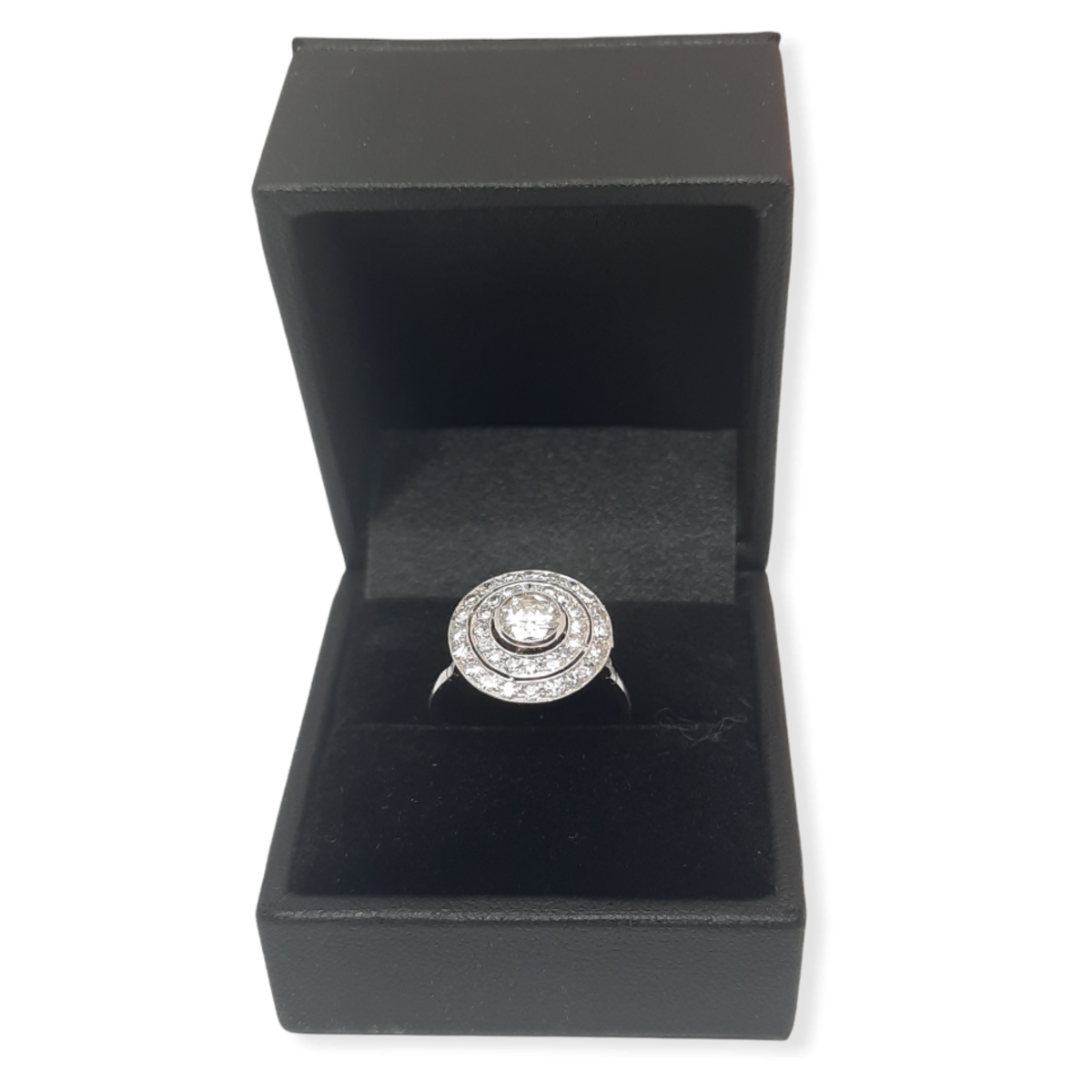 Post-1980s Platinum Diamond Ring front view in ring box