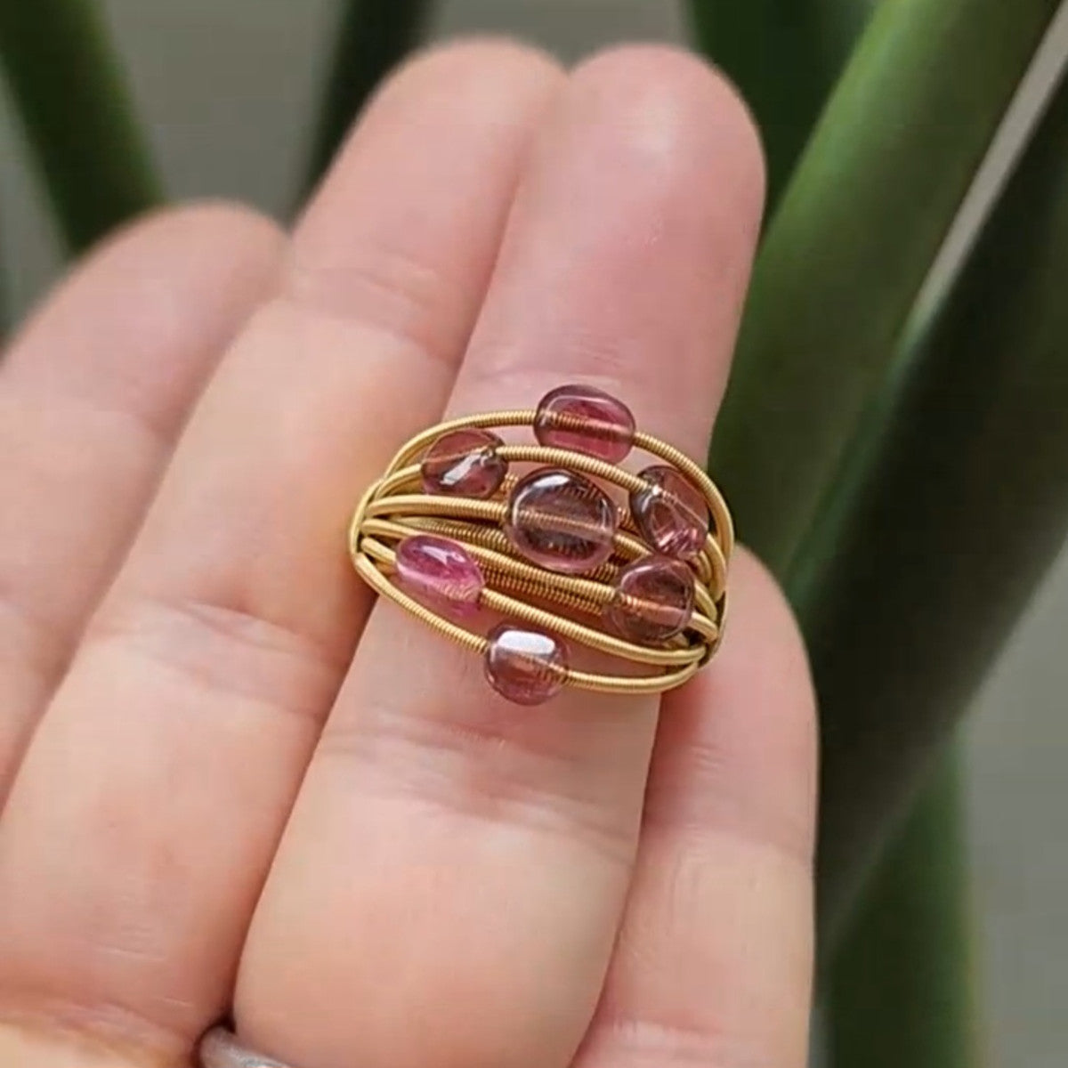 Italian 1990s 18KT Yellow Gold Tourmaline Cocktail Ring on finger