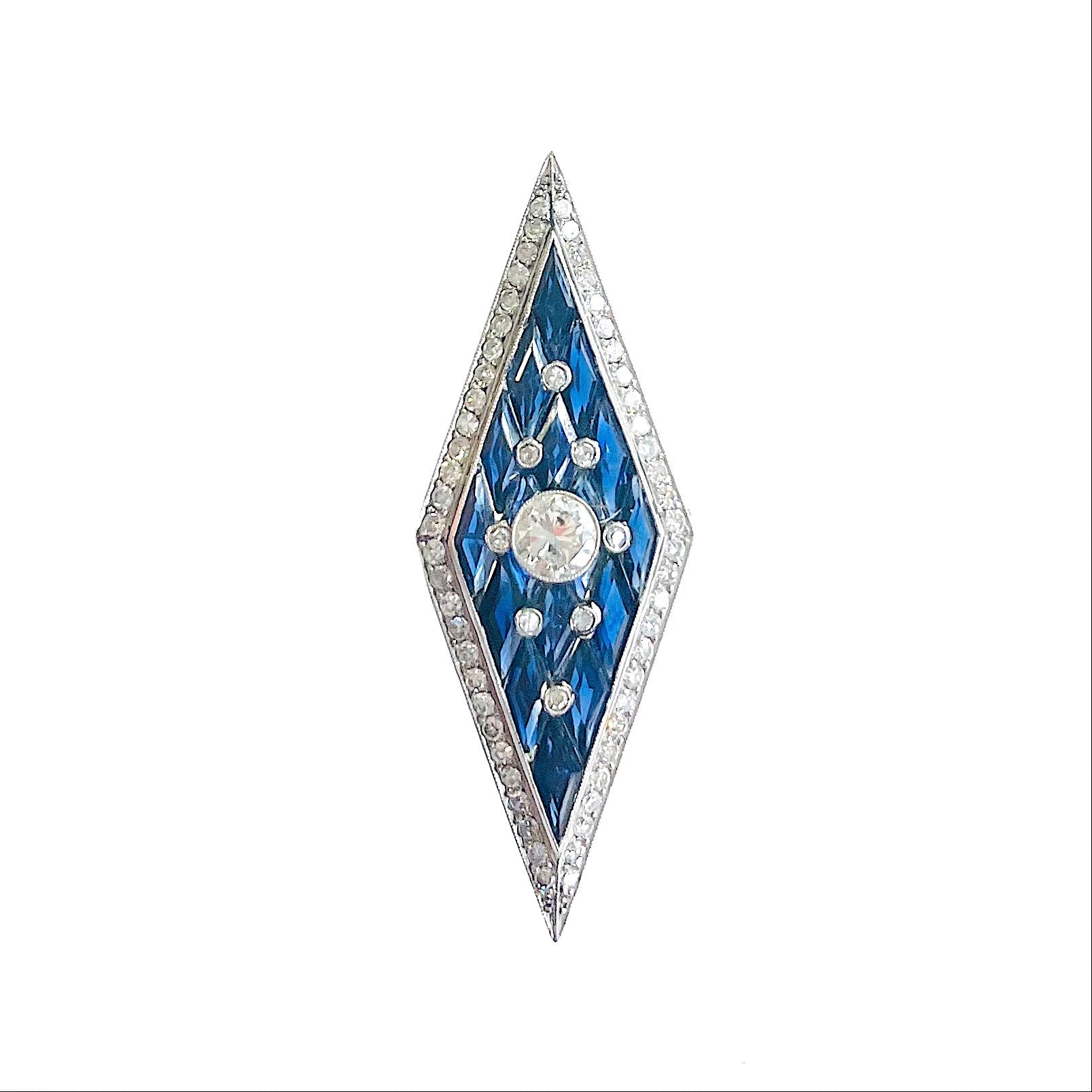French Edwardian Platinum Sapphire & Diamond Lozenge Ring front view