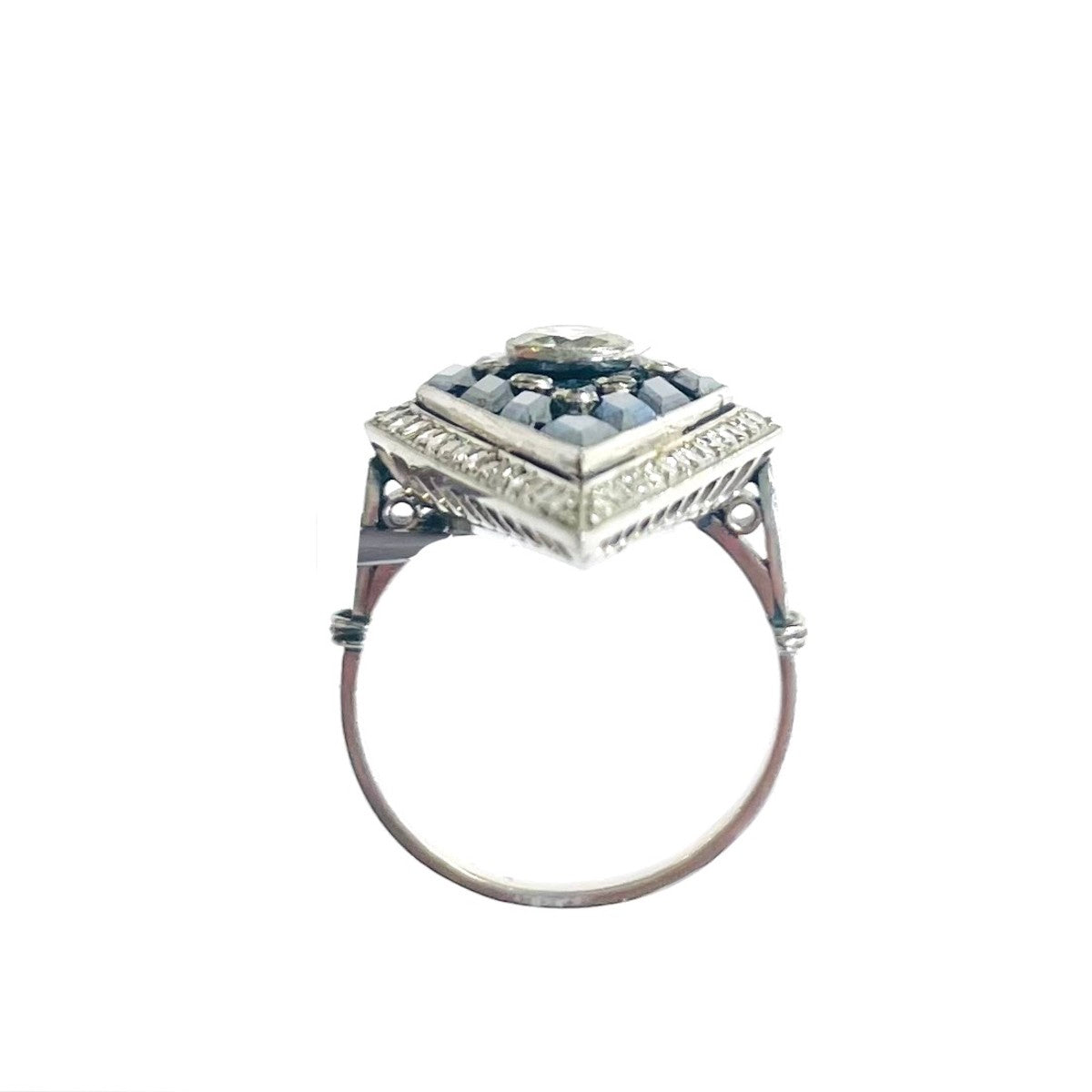 French Edwardian Platinum Sapphire & Diamond Lozenge Ring profile view