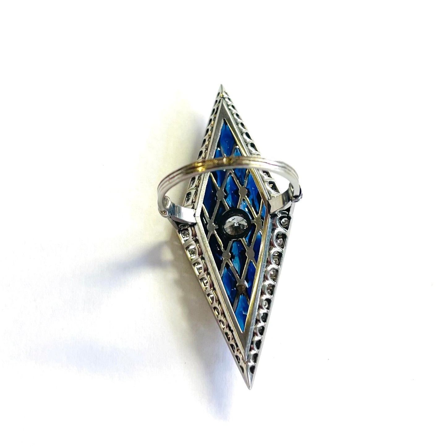 French Edwardian Platinum Sapphire & Diamond Lozenge Ring back 