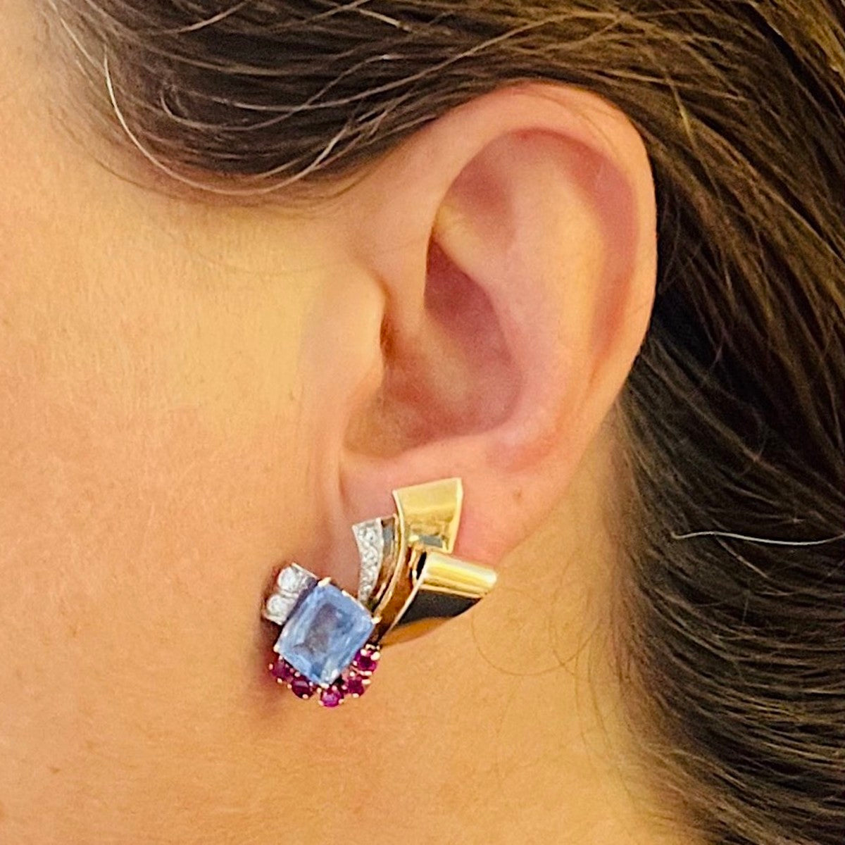 1950s 14KT Yellow Gold Sapphire, Diamond & Ruby Earrings on ear