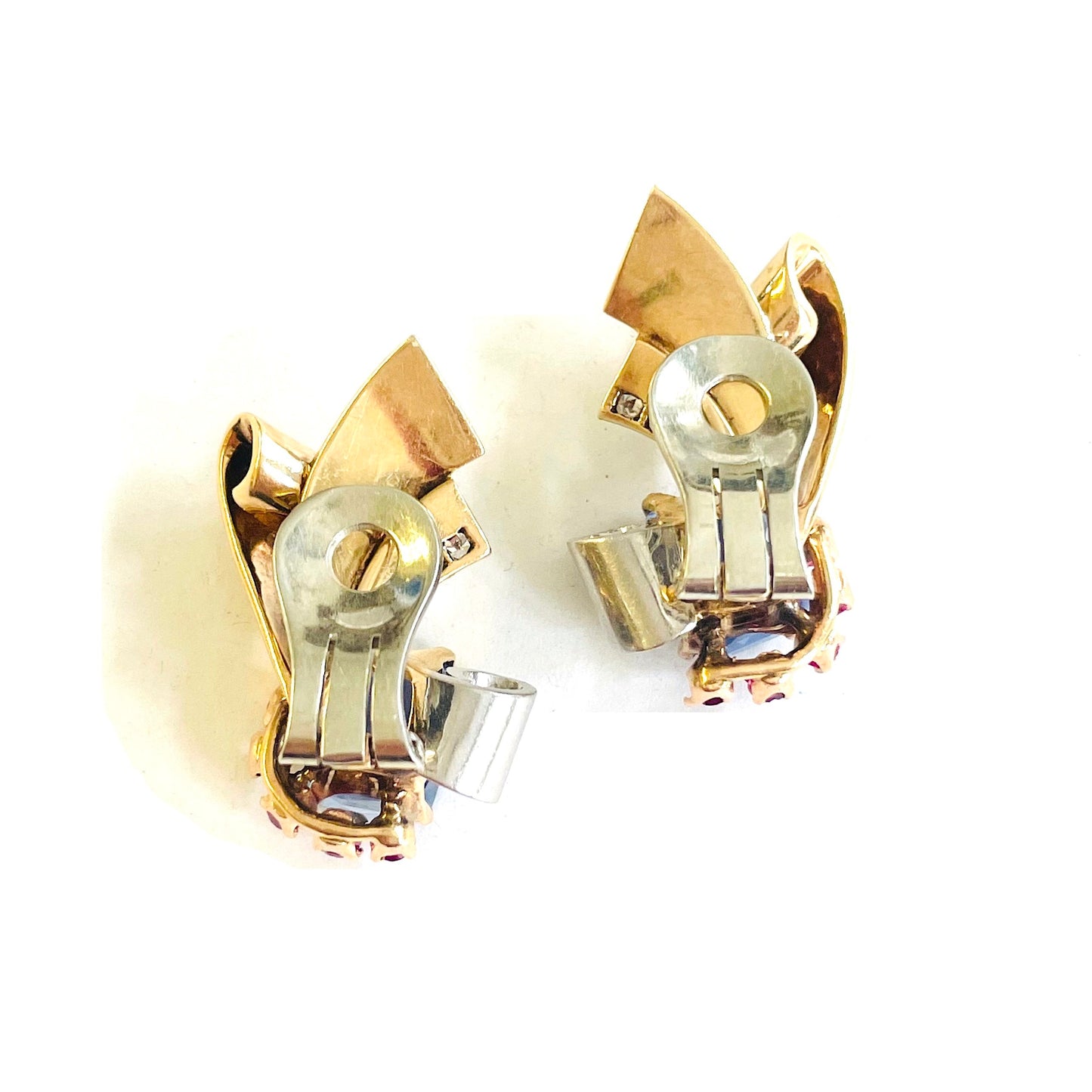 1950s 14KT Yellow Gold Sapphire, Diamond & Ruby Earrings back view