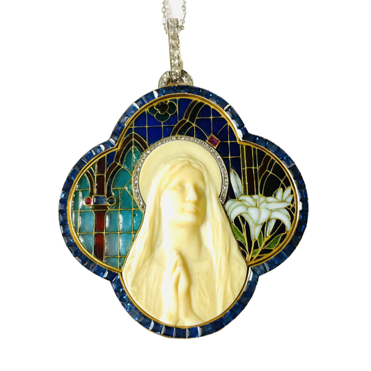 Art Nouveau 18KT Yellow Gold Enamel, Bone, Diamond, Ruby & Sapphire Plique á jour Madonna Pendant front view