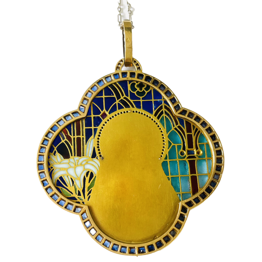 Art Nouveau 18KT Yellow Gold Enamel, Bone, Diamond, Ruby & Sapphire Plique á jour Madonna Pendant back view