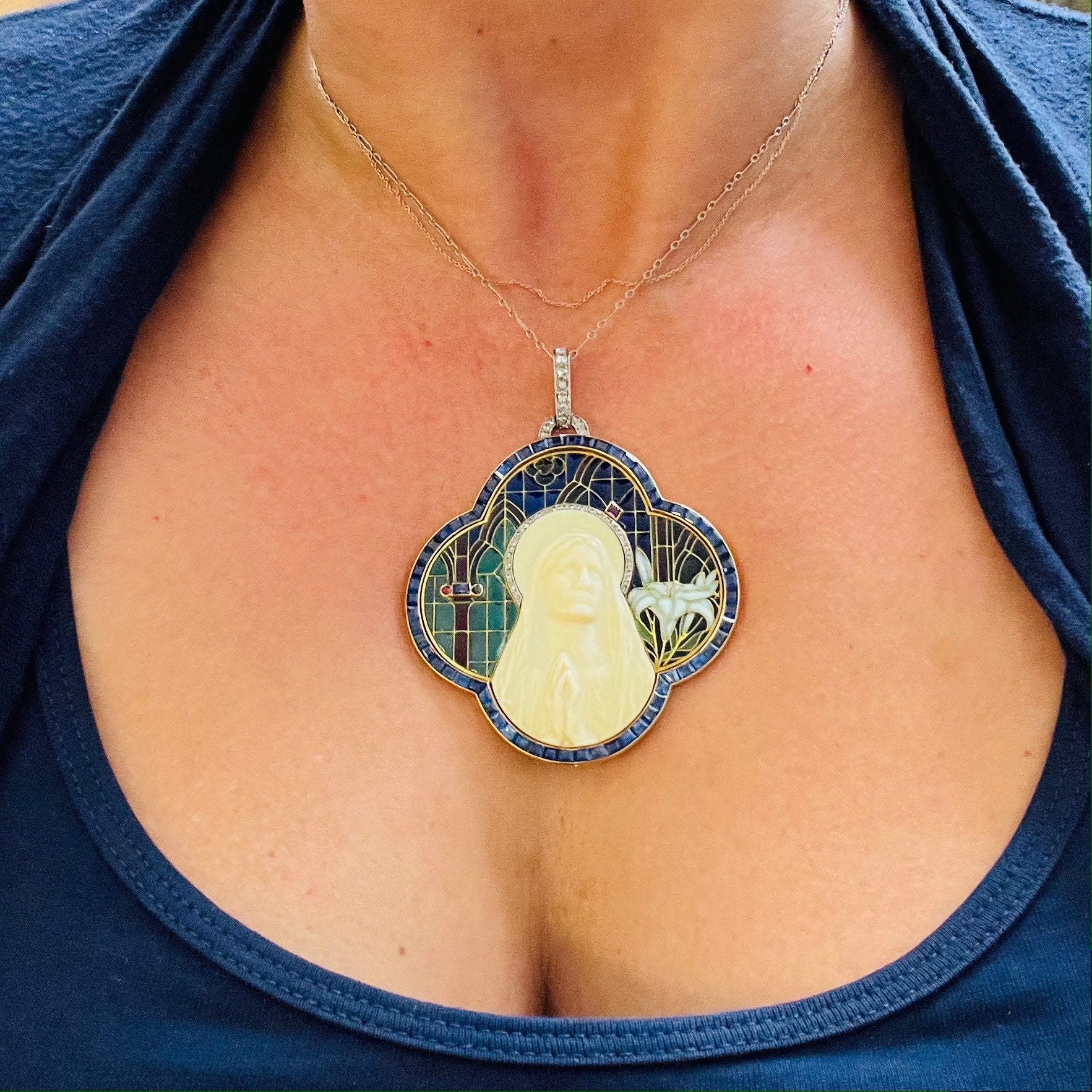 Art Nouveau 18KT Yellow Gold Enamel, Bone, Diamond, Ruby & Sapphire Plique á jour Madonna Pendant worn on neck