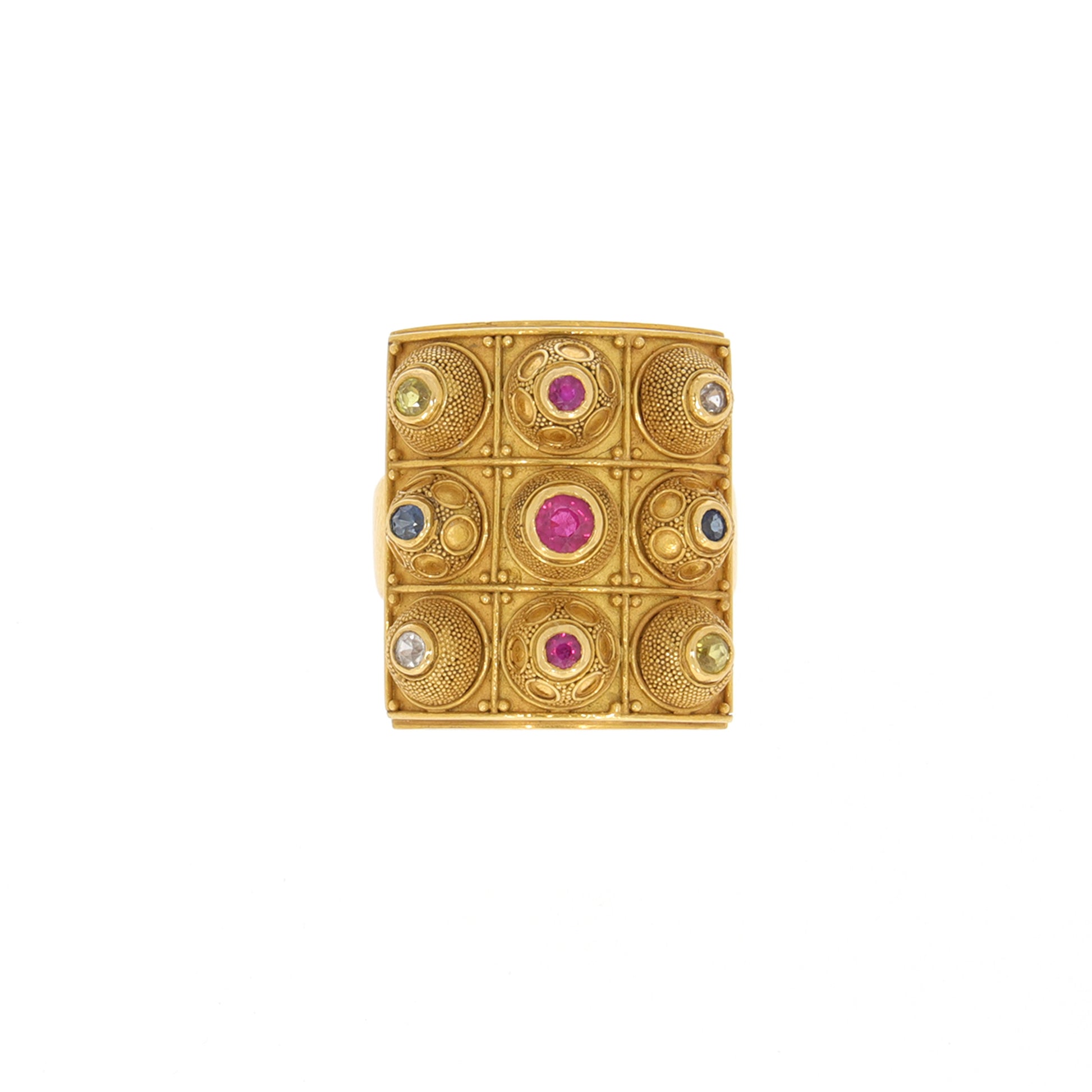 Elisabeth Treskow German 1940s 18KT Yellow Gold Ruby & Sapphire Granulation Ring front view