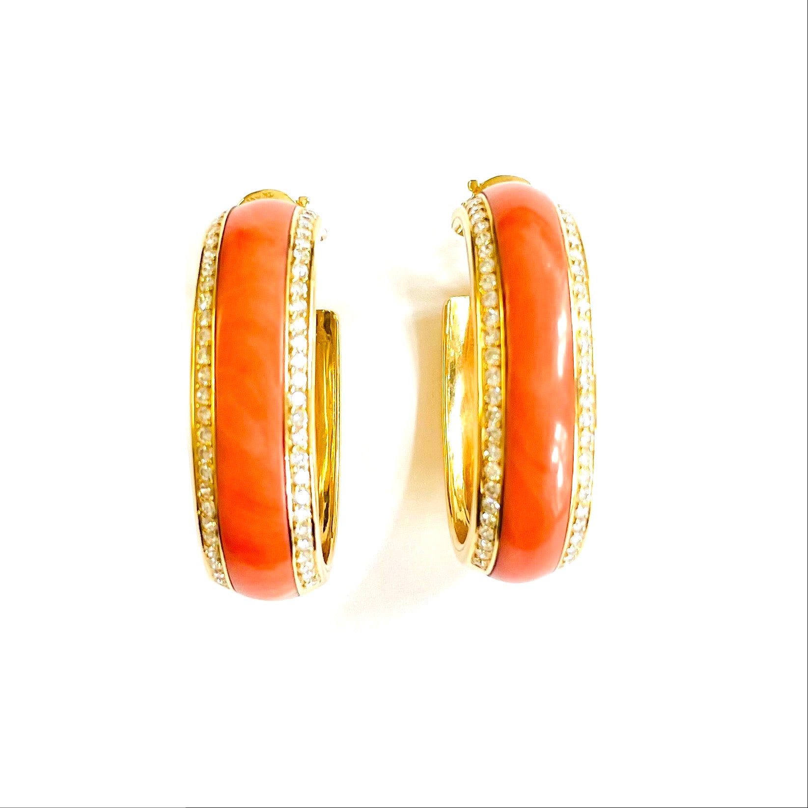 Piaget French 1980s 18KT Yellow Gold Coral & Diamond Creoles Earrings front view