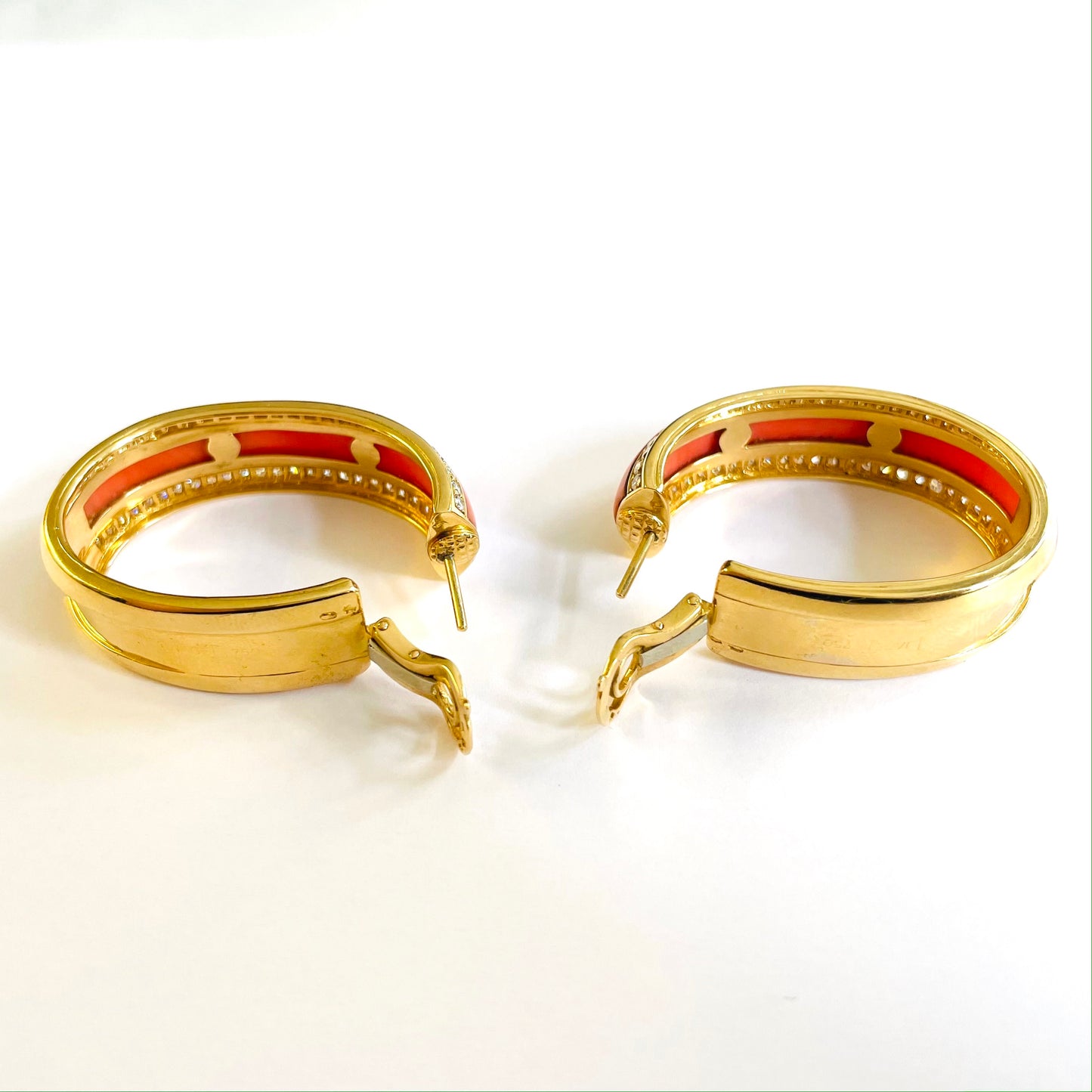 Piaget French 1980s 18KT Yellow Gold Coral & Diamond Creoles Earrings back view