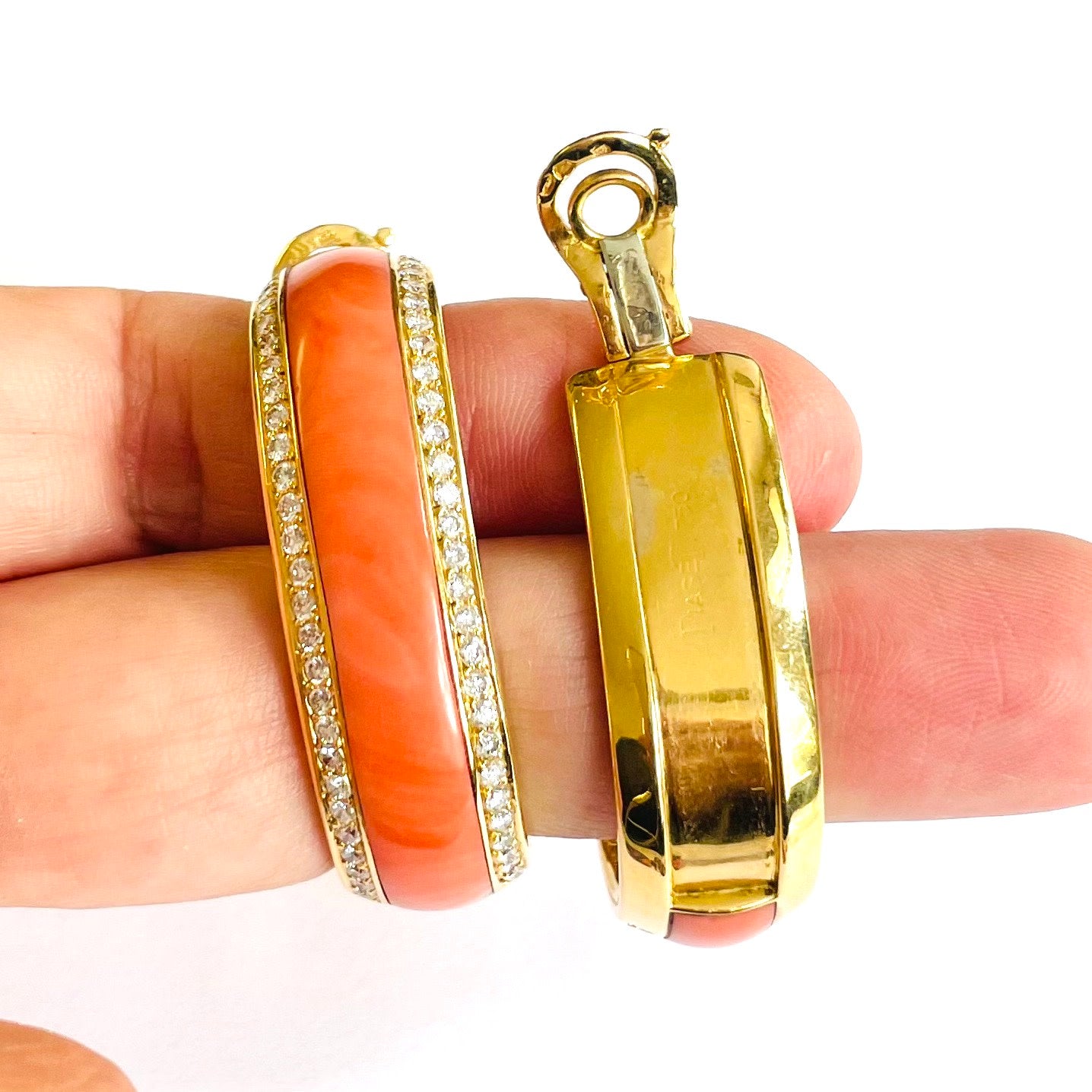 Piaget French 1980s 18KT Yellow Gold Coral & Diamond Creoles Earrings close-up front and back