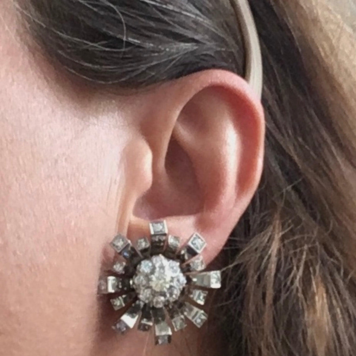 1940s 18KT White Gold Diamond Earrings worn on ear
