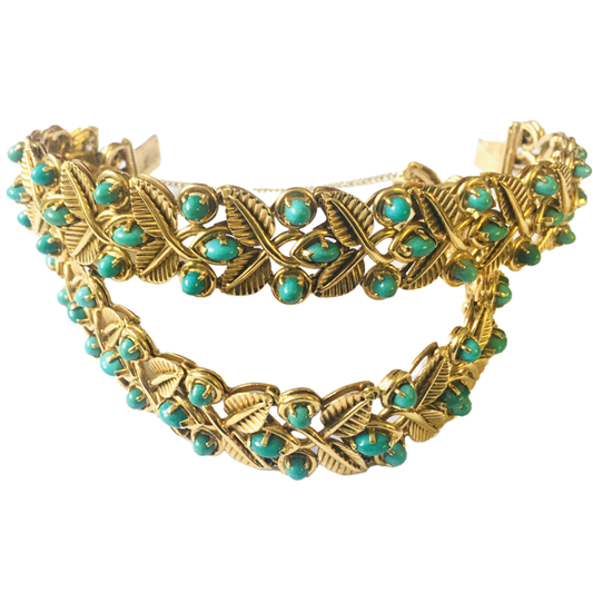 French 1950s 18KT Yellow Gold Turquoise Bracelets front view