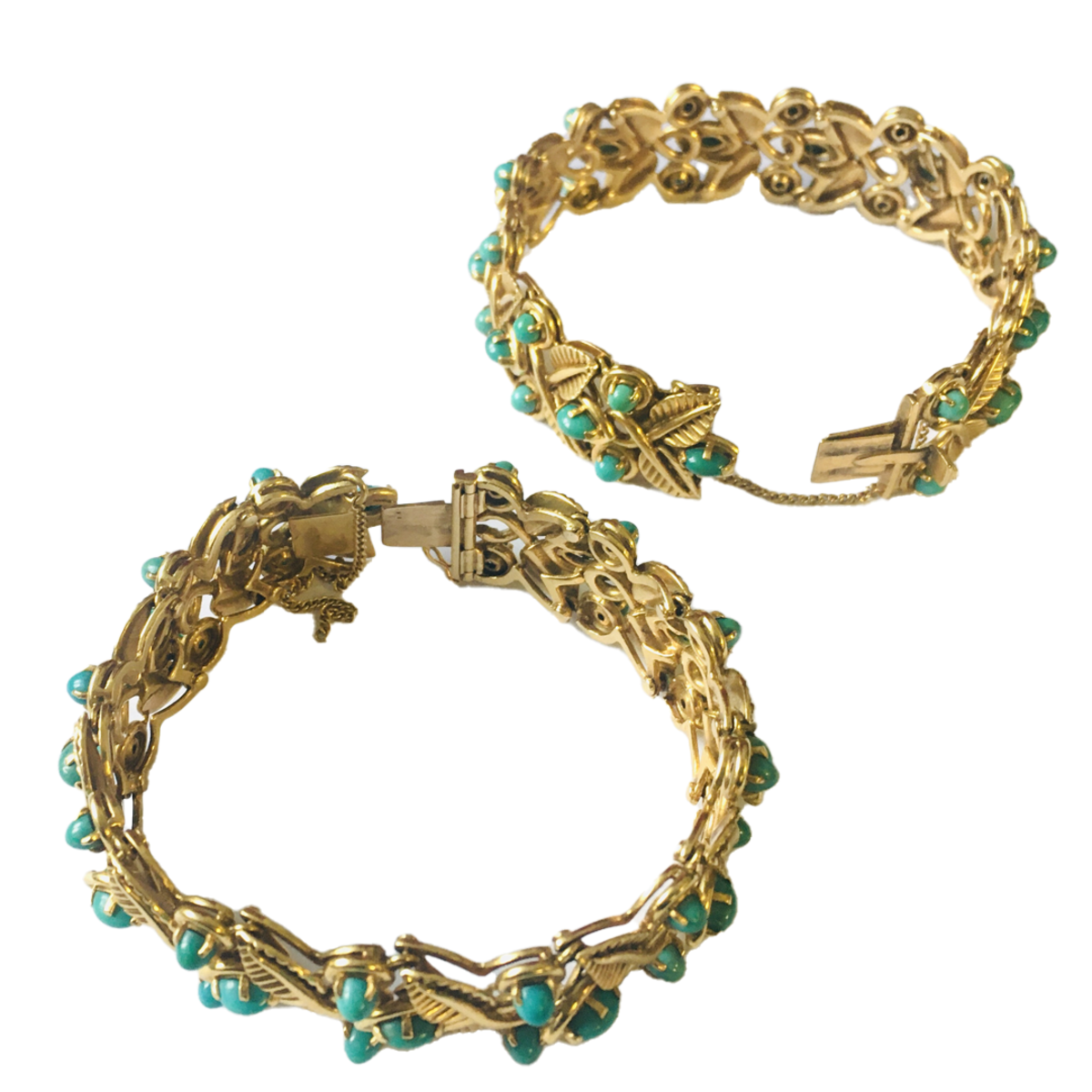 French 1950s 18KT Yellow Gold Turquoise Bracelets top view