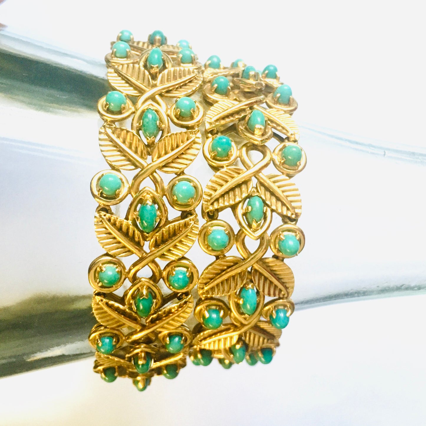 French 1950s 18KT Yellow Gold Turquoise Bracelets side view