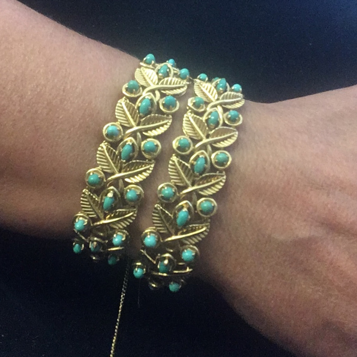 French 1950s 18KT Yellow Gold Turquoise Bracelets on wrist