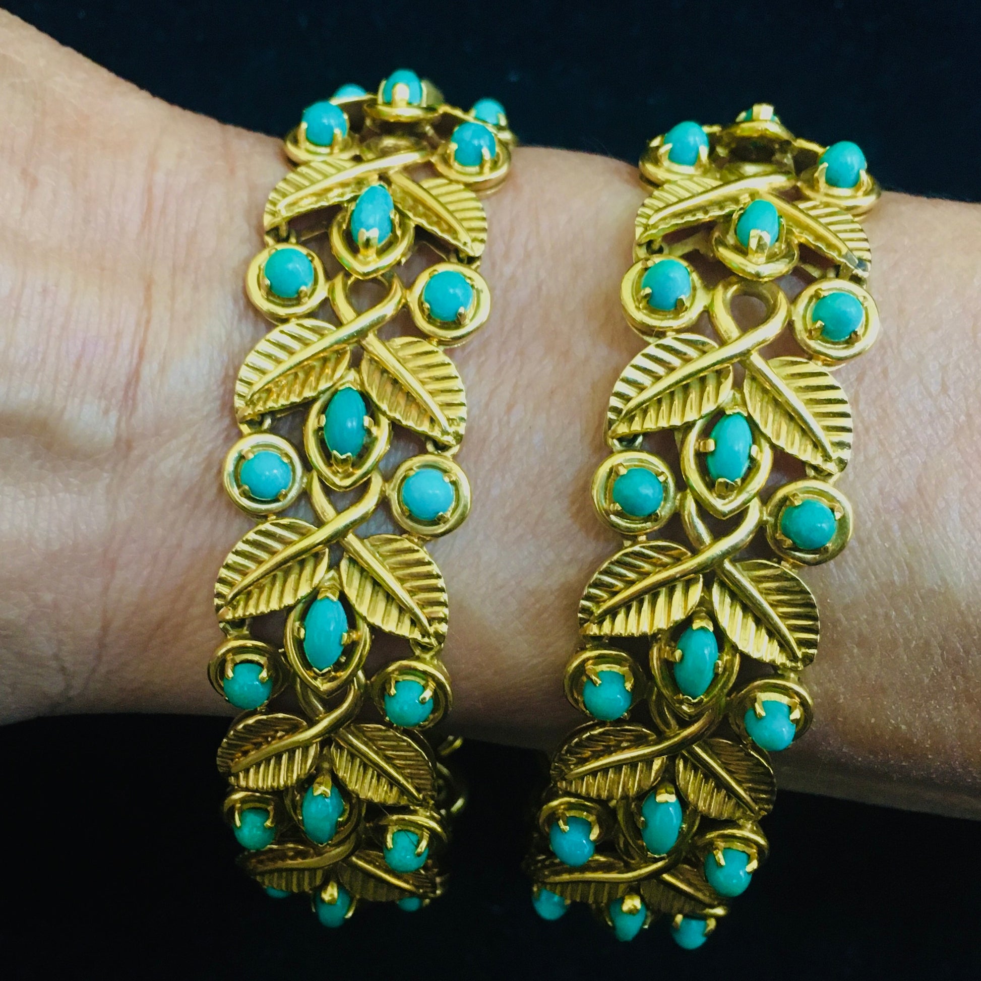French 1950s 18KT Yellow Gold Turquoise Bracelets on wrist