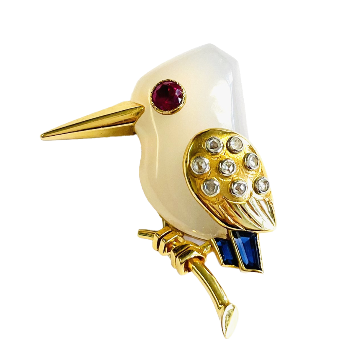 Cartier 1950s 18KT Yellow Gold Agate, Diamond, Ruby & Sapphire Kingfisher Bird Brooch front view
