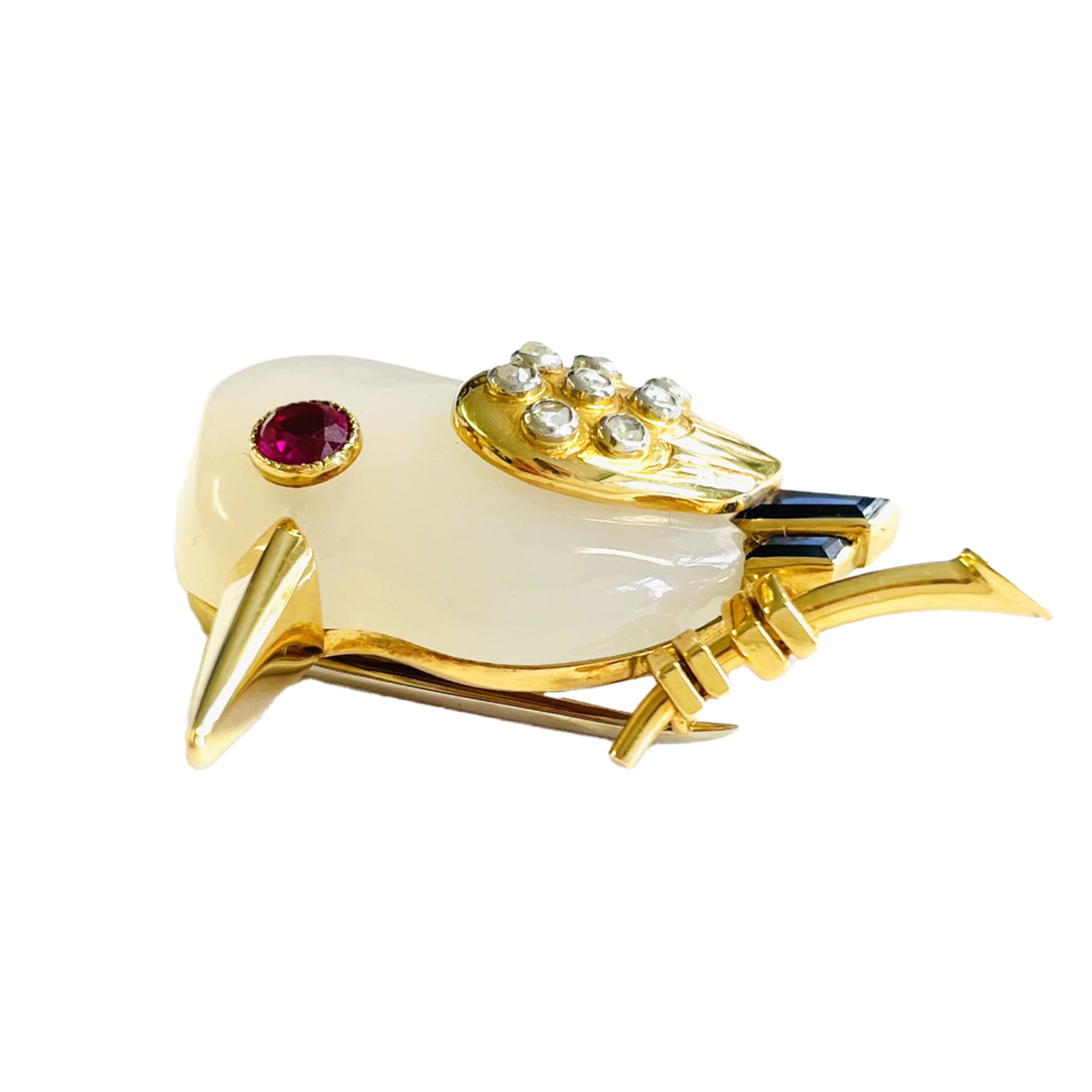 Cartier 1950s 18KT Yellow Gold Agate, Diamond, Ruby & Sapphire Kingfisher Bird Brooch top view