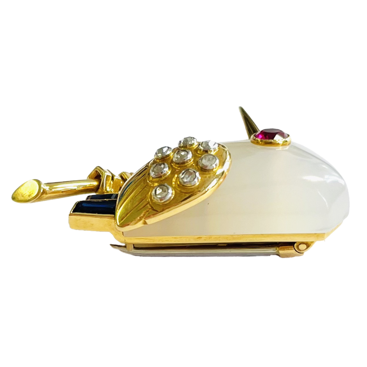 Cartier 1950s 18KT Yellow Gold Agate, Diamond, Ruby & Sapphire Kingfisher Bird Brooch profile view