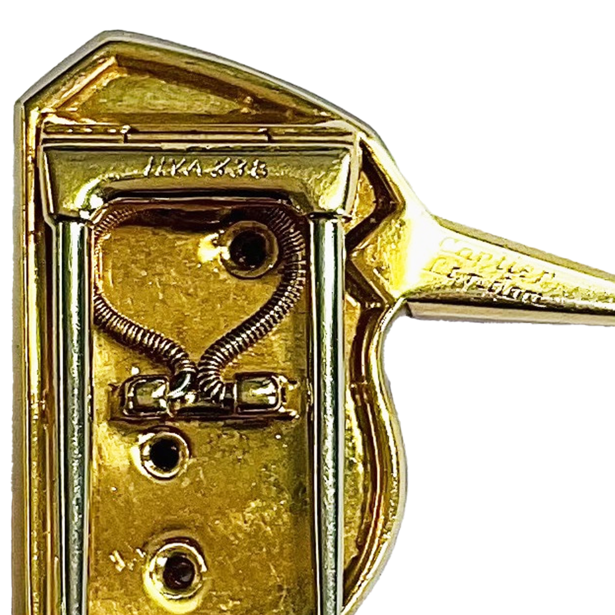 Cartier 1950s 18KT Yellow Gold Agate, Diamond, Ruby & Sapphire Kingfisher Bird Brooch close-up of signature