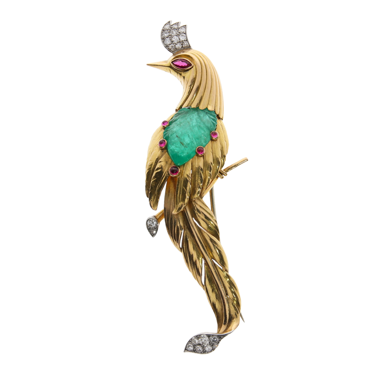French 1930s 18KT Yellow Gold Emerald, Diamond & Ruby Bird Brooch front