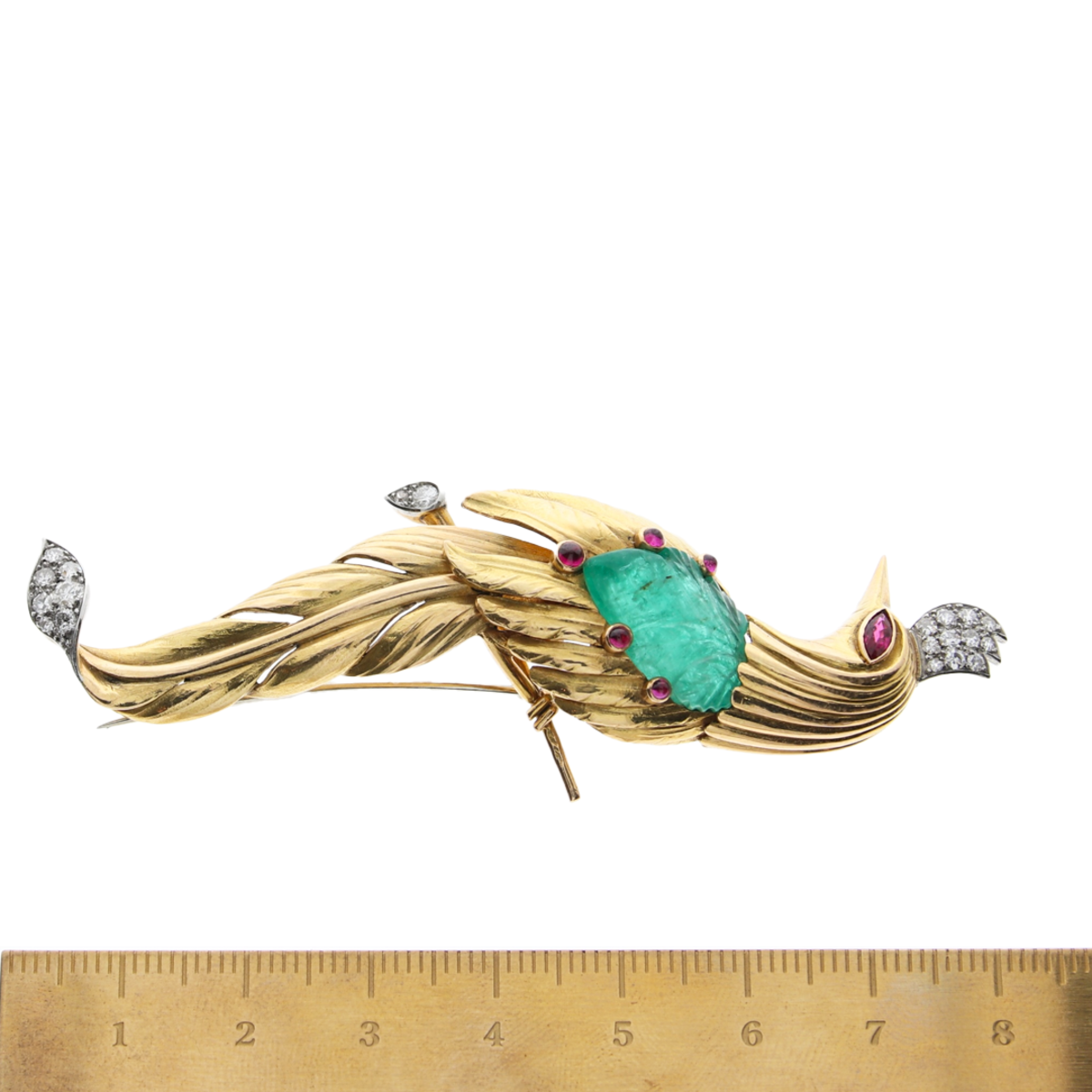 French 1930s 18KT Yellow Gold Emerald, Diamond & Ruby Bird Brooch measurements