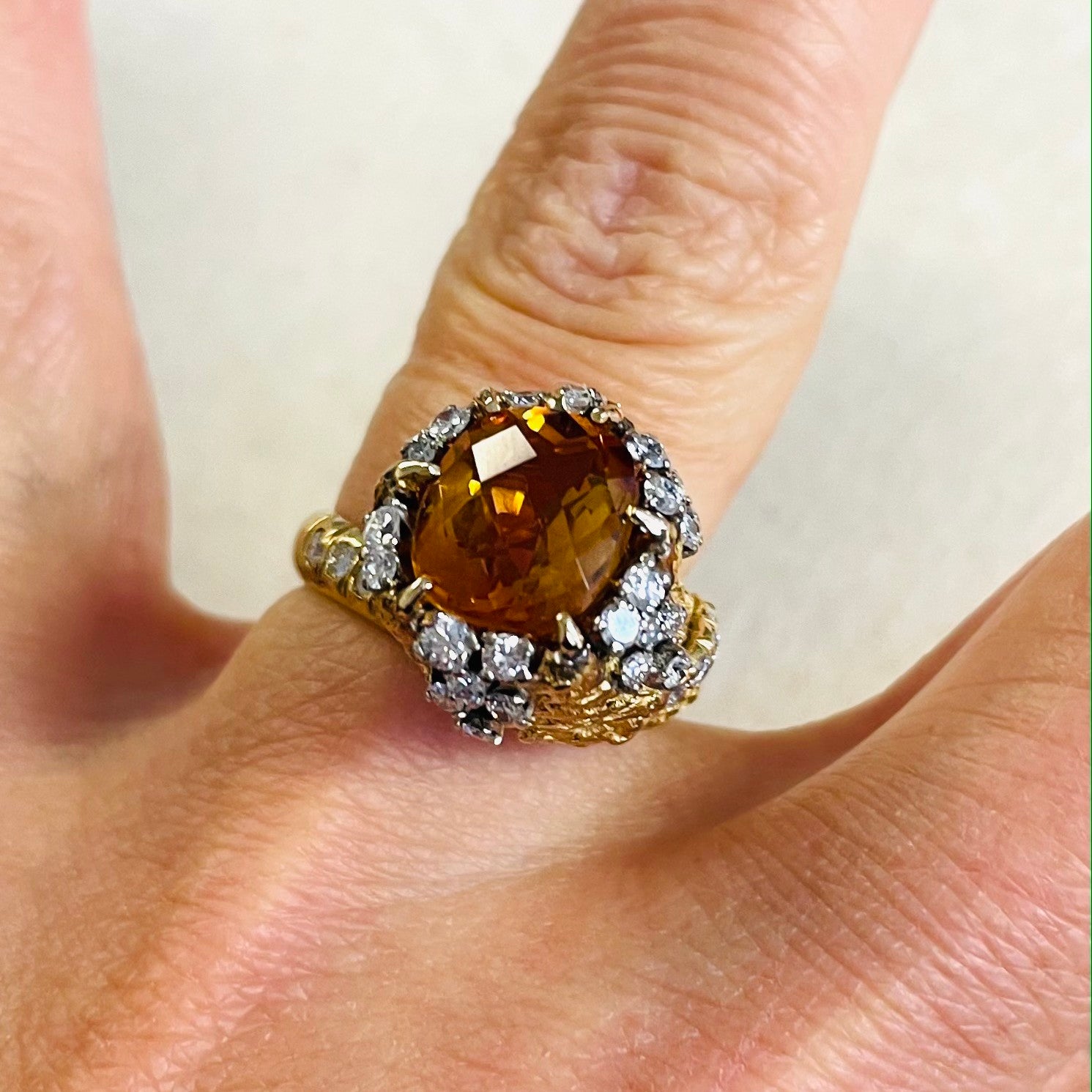 1960s 14KT Yellow Gold Citrine & Diamond Ring on finger