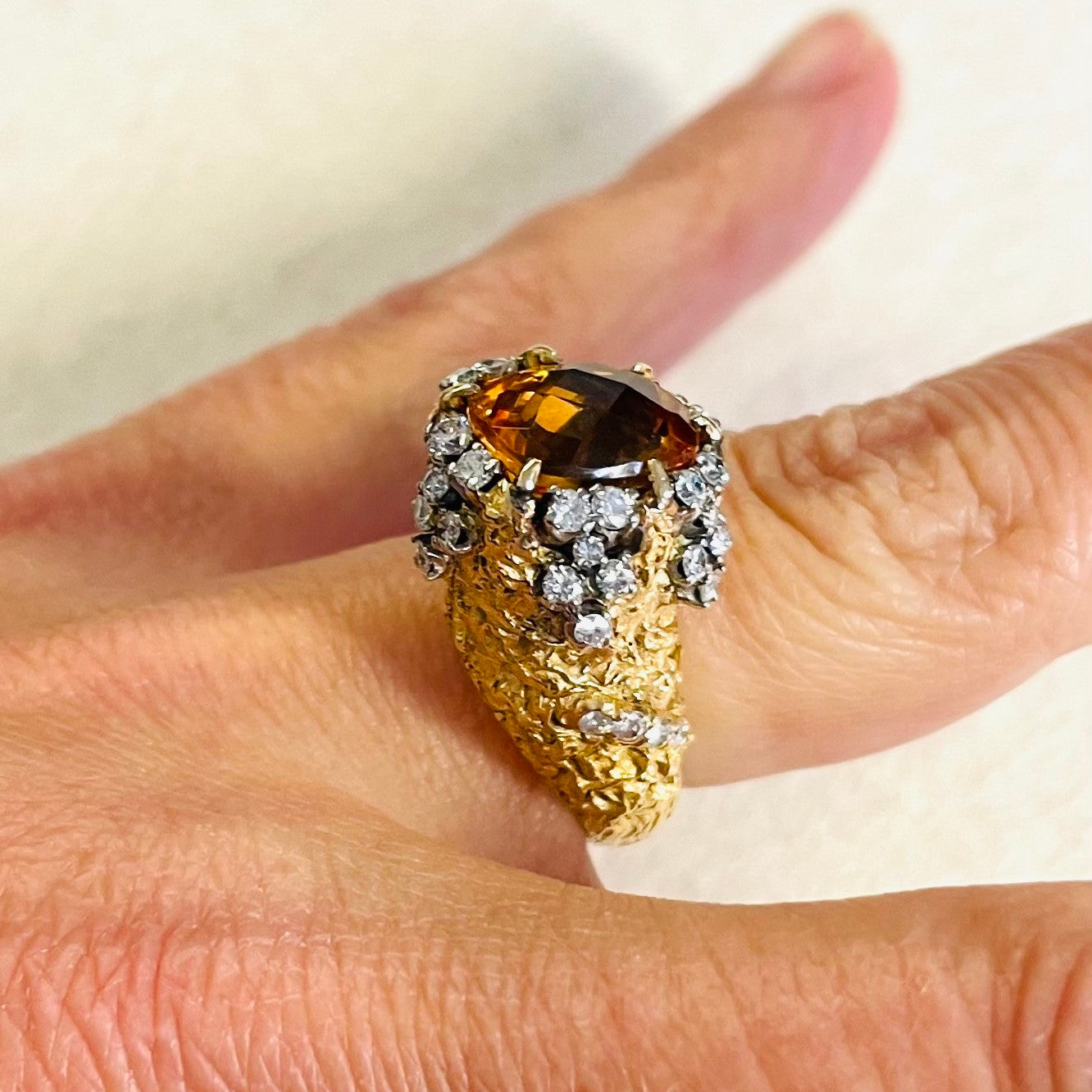 1960s 14KT Yellow Gold Citrine & Diamond Ring profile view on finger