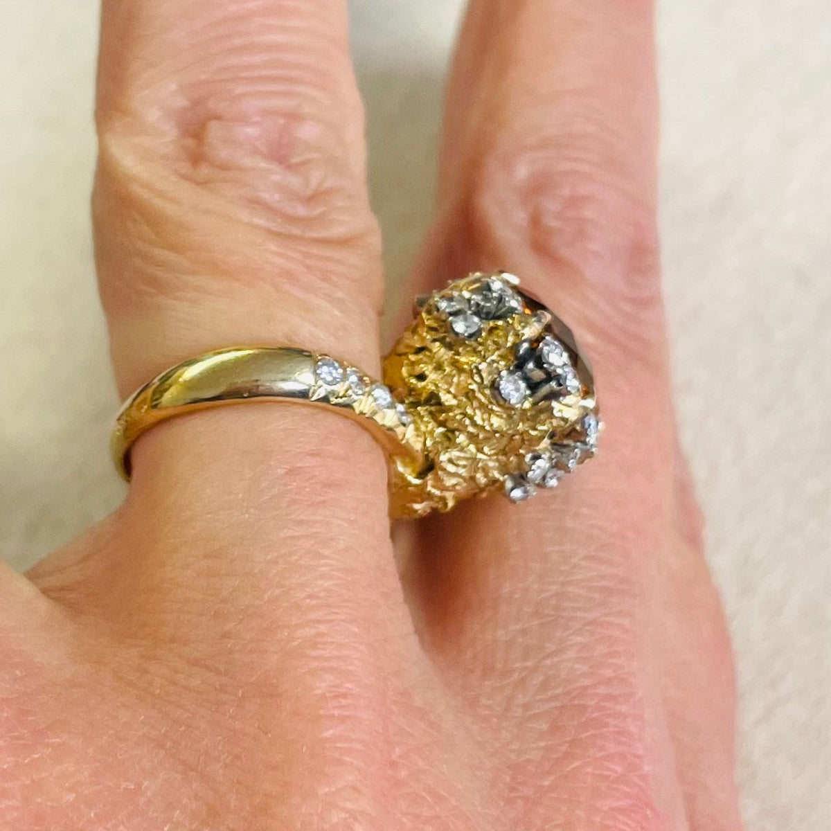 1960s 14KT Yellow Gold Citrine & Diamond Ring side view on finger