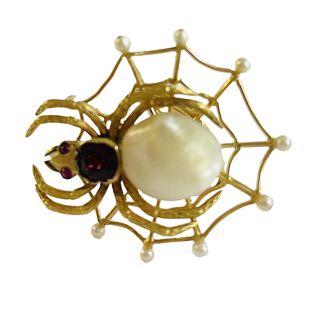 Post-1980s 18KT Yellow Gold Natural Pearl & Garnet Spider Ring front view