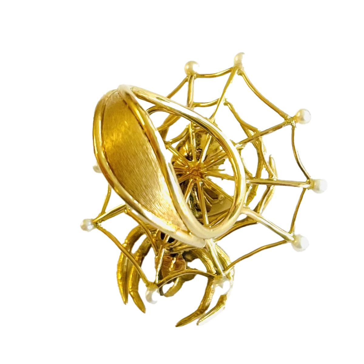 Post-1980s 18KT Yellow Gold Natural Pearl & Garnet Spider Ring back view