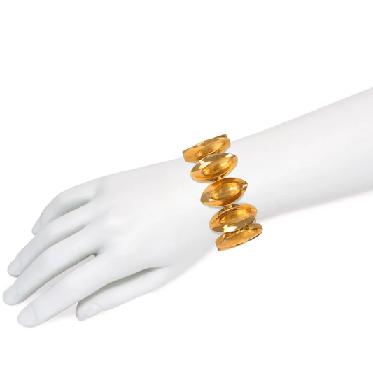 Italian 1960s 18KT Yellow Gold Navette Link Florentine Finish Bracelet on wrist