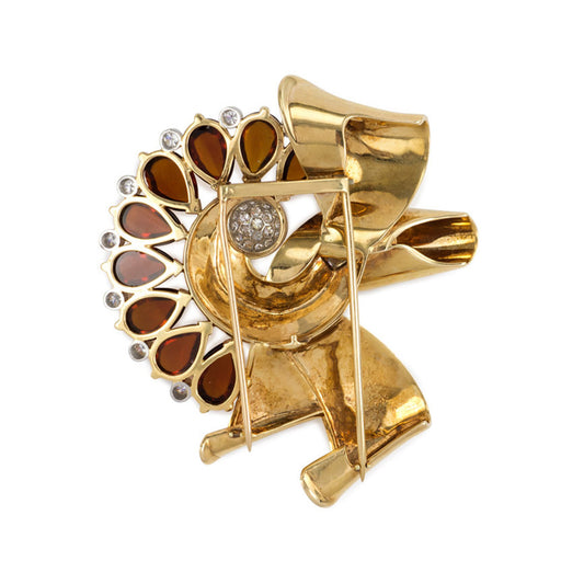 Retro 14KT Yellow Gold & Platinum Diamond & Citrine Scrolled Bow Brooch back view